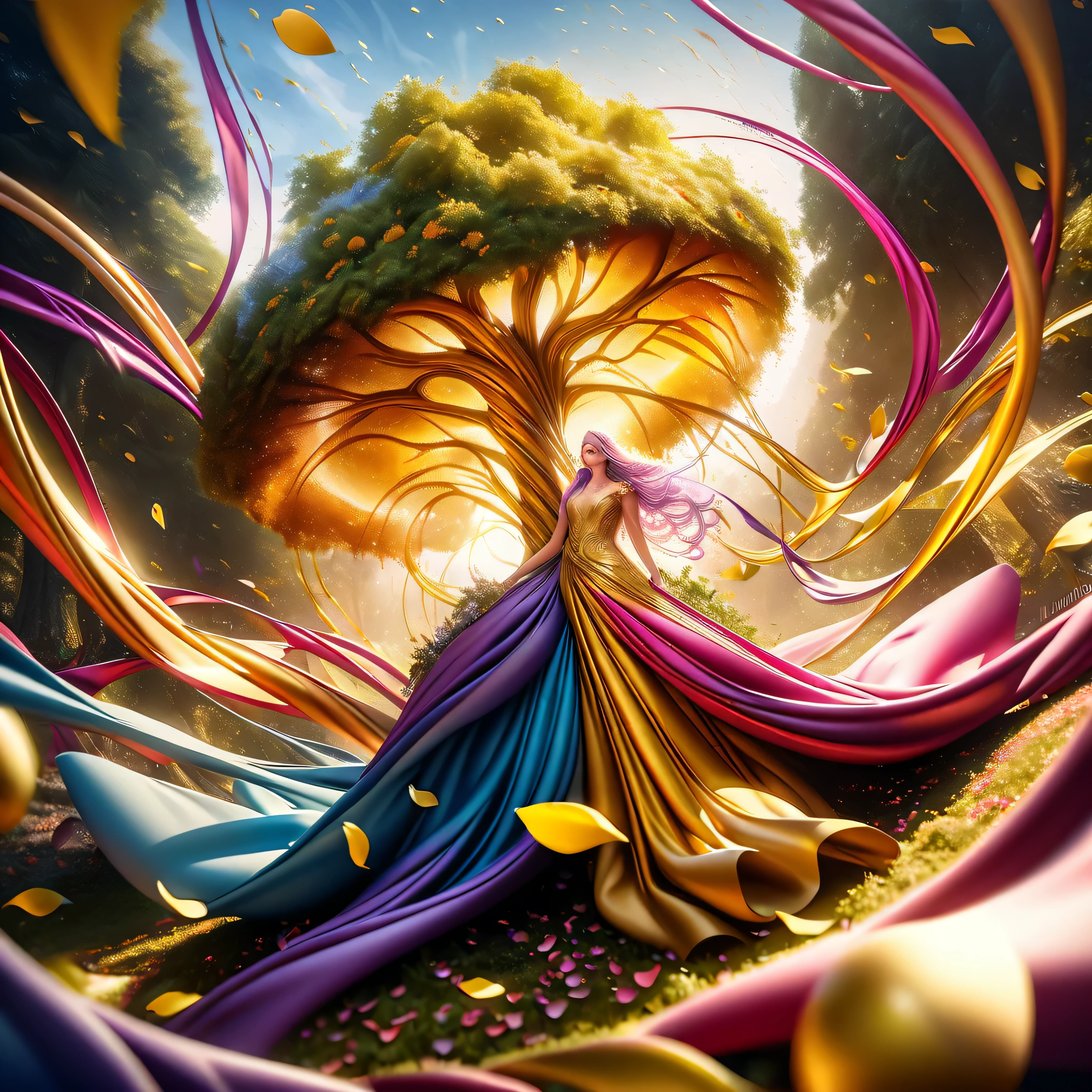 photograph, photorealistic, ultra-realistic, intricately detailed, wide angle, fine fractal glossy vivid colored shiny contours outlines of a glass apple with a ("a glowing golden flying female fairy uses her wand to transform a tree to solid gold.") inside, surreal, gradient, windy, petals floating on the wind, swirling ribbons of ink and light. linquivera, liiv1