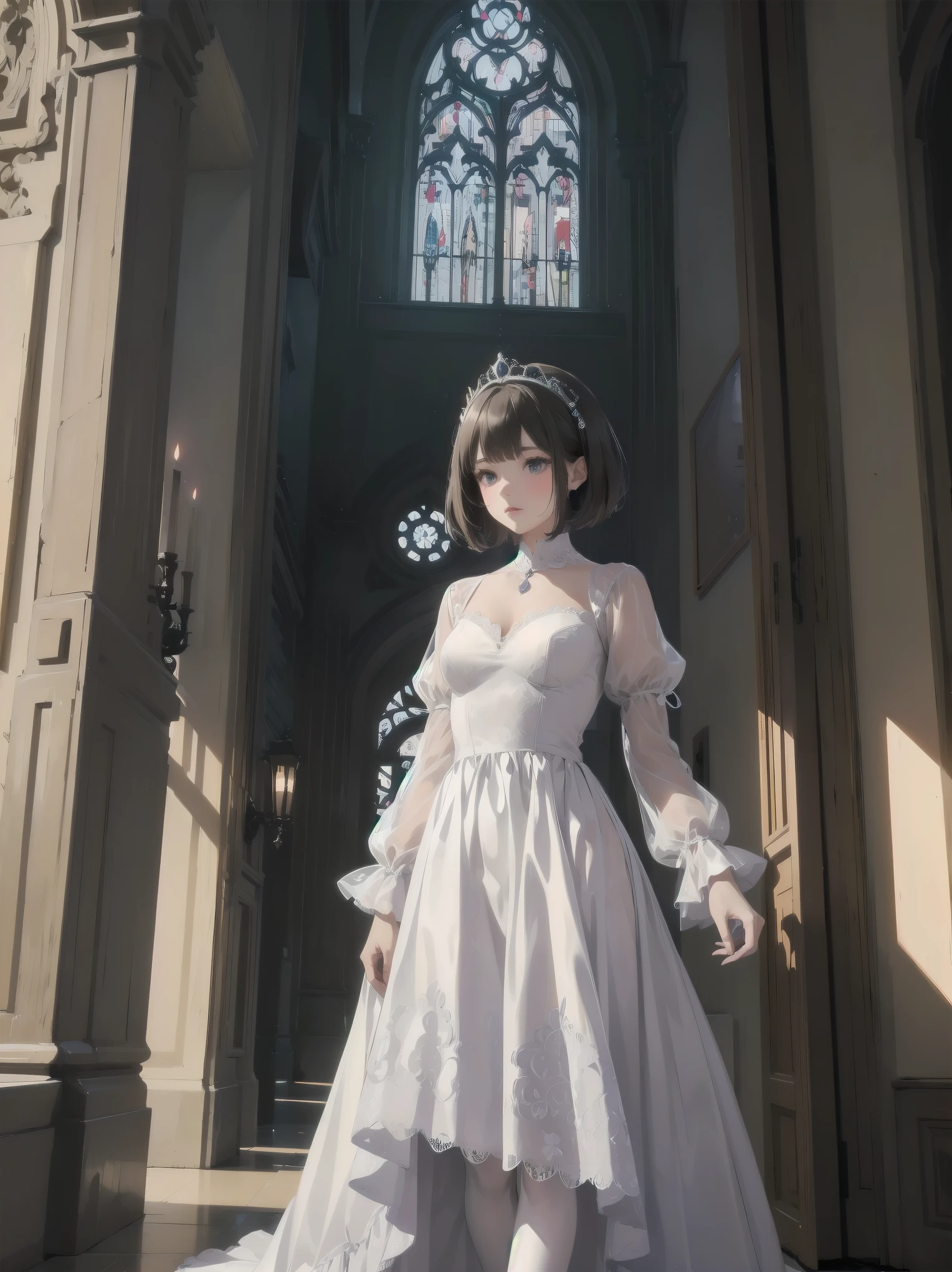 bride: wedding ring shining on ring finger Fusion of medieval European fashion Emphasis on elements of cuteness and adoration Posed illustration of the overwhelming cuteness of the character in the foreground Overwhelming architectural and cityscape background Ultra-detailed, rich, contemporary interpretation of medieval Europe and fantasy world Realistic textures, Professional artistic shading and light sources, scene-like cinematography and effects, depth of subject One beautiful girl, super cute, bob cut, side ponytail, perfect anatomy
Colours: pastel, white, pale purple, blue, gingham check
Materials: chiffon, lace, satin, velvet, etc. Silhouette: fluffy skirt, A-line, long length
Decoration: frills, ribbons, lace, pearls, embroidery etc. Coordinates Romantic princess: pastel dress, lace blouse, fluffy skirt, ribbon hair accessory, black tights Add accessories and accessories to personalise.