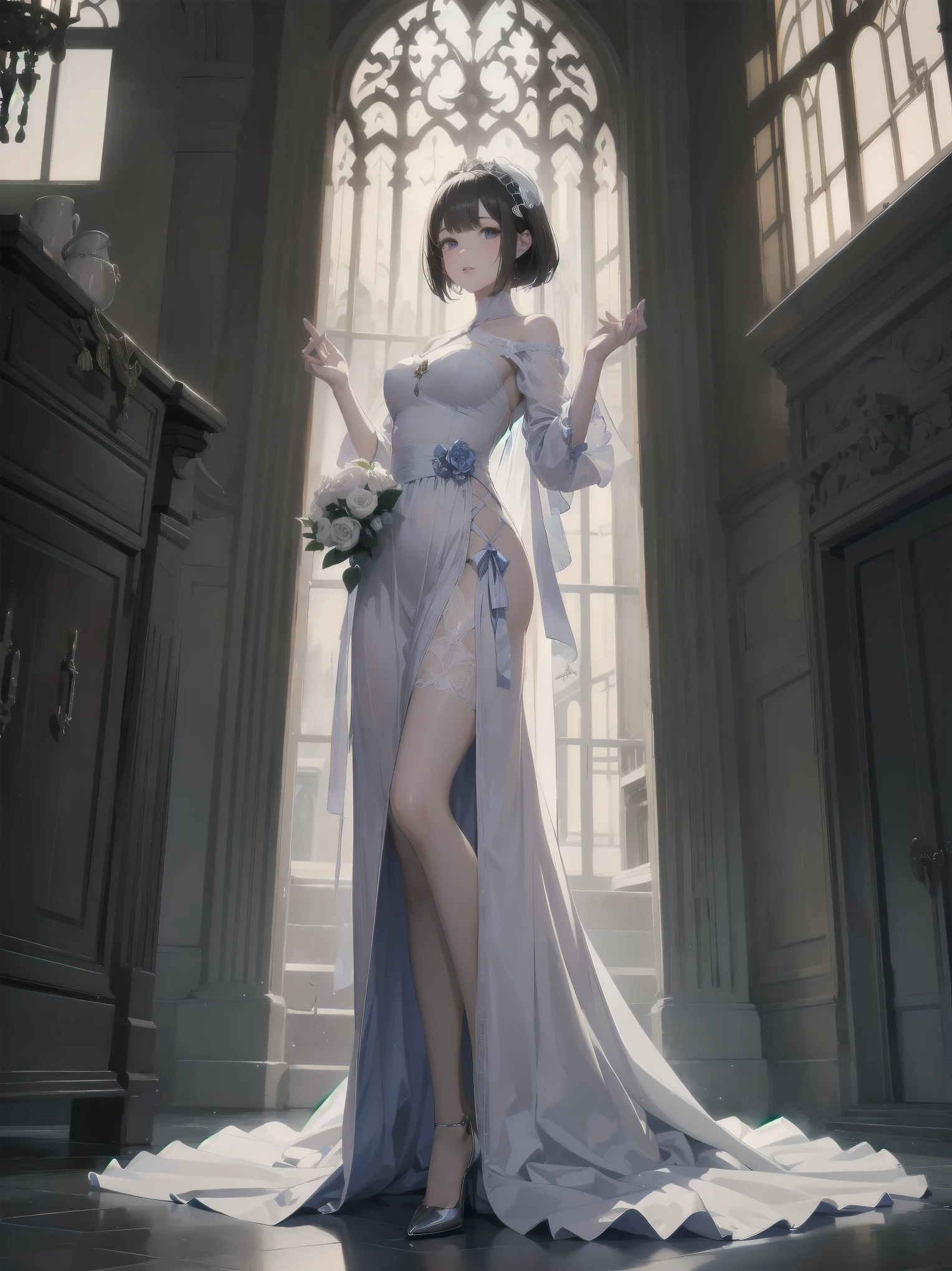 RAW Photos, Full body photo of ceciliadeo1sd,Auburn Hair, Short Pixie Haircut, Pale skin, The body is slim, Room Background, Blue silk veil,Thin silk chain belt, (Skin with attention to detail:1.2), 8K Ultra HD, Digital SLR, Soft lighting, high quality, Film Grain, Fujifilm XT3