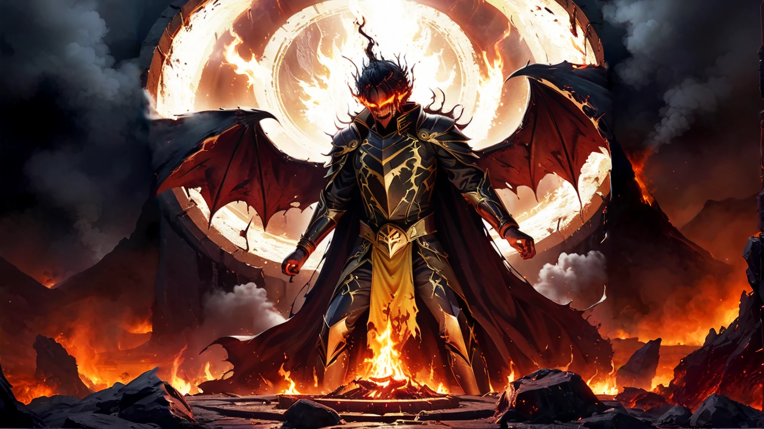 Lucifer's illustration is a magnificent and terrifying depiction of the prince of darkness. Ele surge em meio a um ambiente infernal, with blazing flames and demonic ruins in the background. Sua figura imponente e majestosa domina a cena, emanating an evil and oppressive presence.
Lucifer is portrayed as a being of indescribable beauty, with a pale and perfect skin, contrastando com suas asas negras estendidas, who seem to embrace the abyss itself. Seus olhos brilham com um fogo infernal, irradiando uma intensidade sobrenatural. An expression of superiority and disdain adorns his face, revealing his arrogance as ruler of the Underworld.
His sculpted body is wrapped in dark and imposing robes, adorned with intricate details reminiscent of demonic symbols. Carefully crafted details highlight his corrupted angelic features, com chifres imponentes que emergem de sua testa, adicionando uma aura de poder e majestade.
An aura of dark energy surrounds Lucifer, manifestando-if through igneous sparks that seem to dance around you. These hellish flames cast a reddish light on his body, further underscoring his demonic presence. As it moves, sombras inquietas seguem seus passos, como se estivessem sob seu controle absoluto.
This illustration of Lucifer captures the essence of his diabolical being, conveying the sense of supreme power and absolute domination. It's an image that evokes a mix of fascination and terror, Making it clear that he is the Dark Lord, a ruthless ruler and a formidable opponent. As I contemplate this illustration, We are reminded of his position as the embodiment of temptation and corruption. --auto --s2