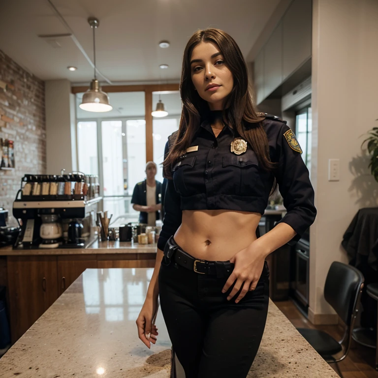 Mulher, cabelo preto, luzes vermelhas no cabelo, roupa de policial, sniper, coffee shop. Altamente detalhado, anatomia perfeita, proporcoes corretas