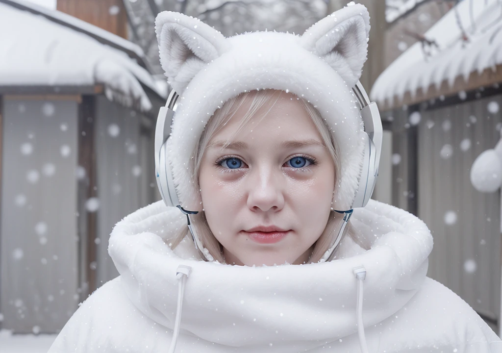 crying how brilliant、[Blue-eyed white fox] wearing headphones| Winter, snow | realistic portrait
