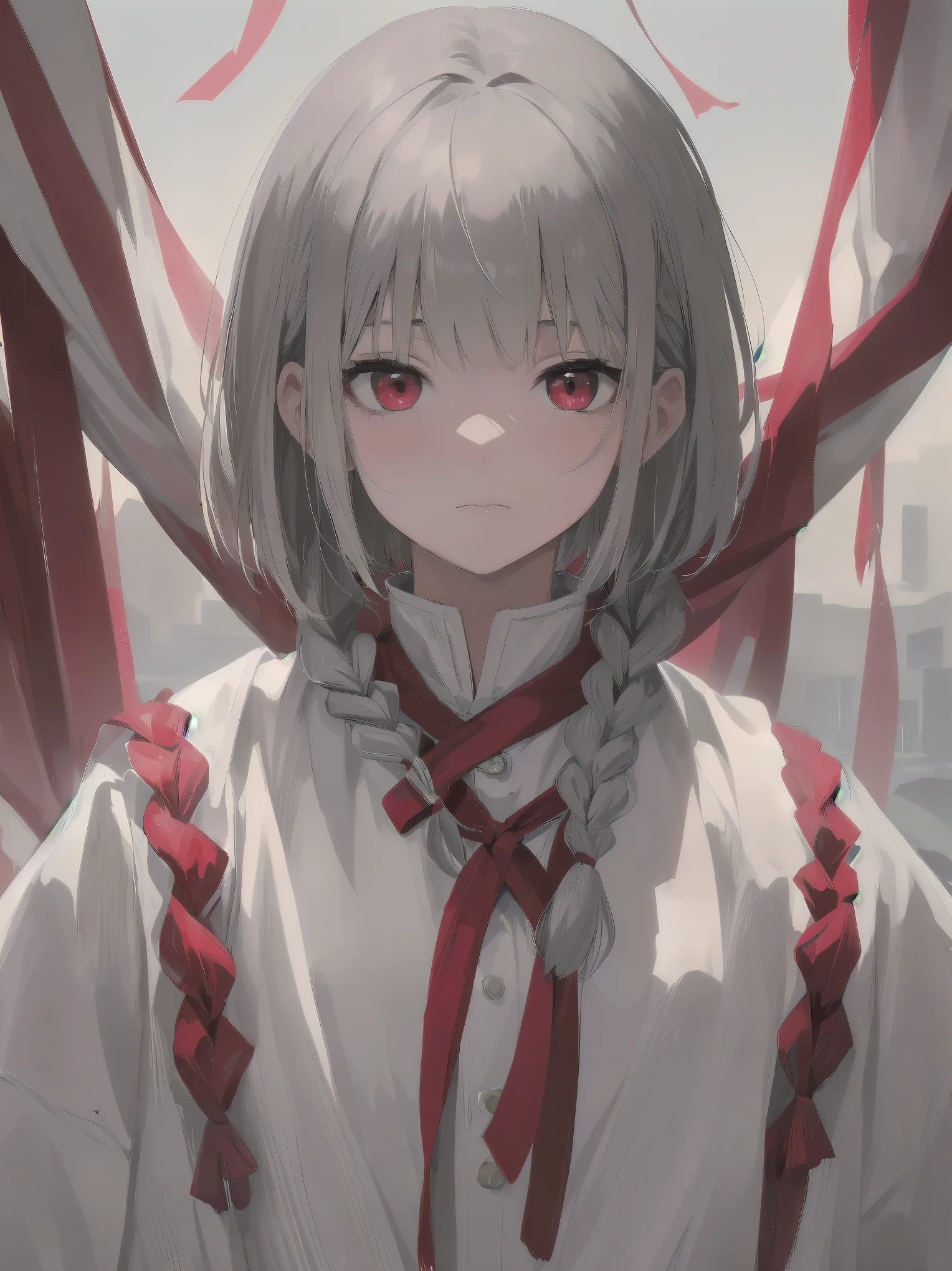 highest quality, masterpiece,gray hair, red eyes,white clothes, look up, Upper body,Fair skin,One-length bob cut with braided braids、cute