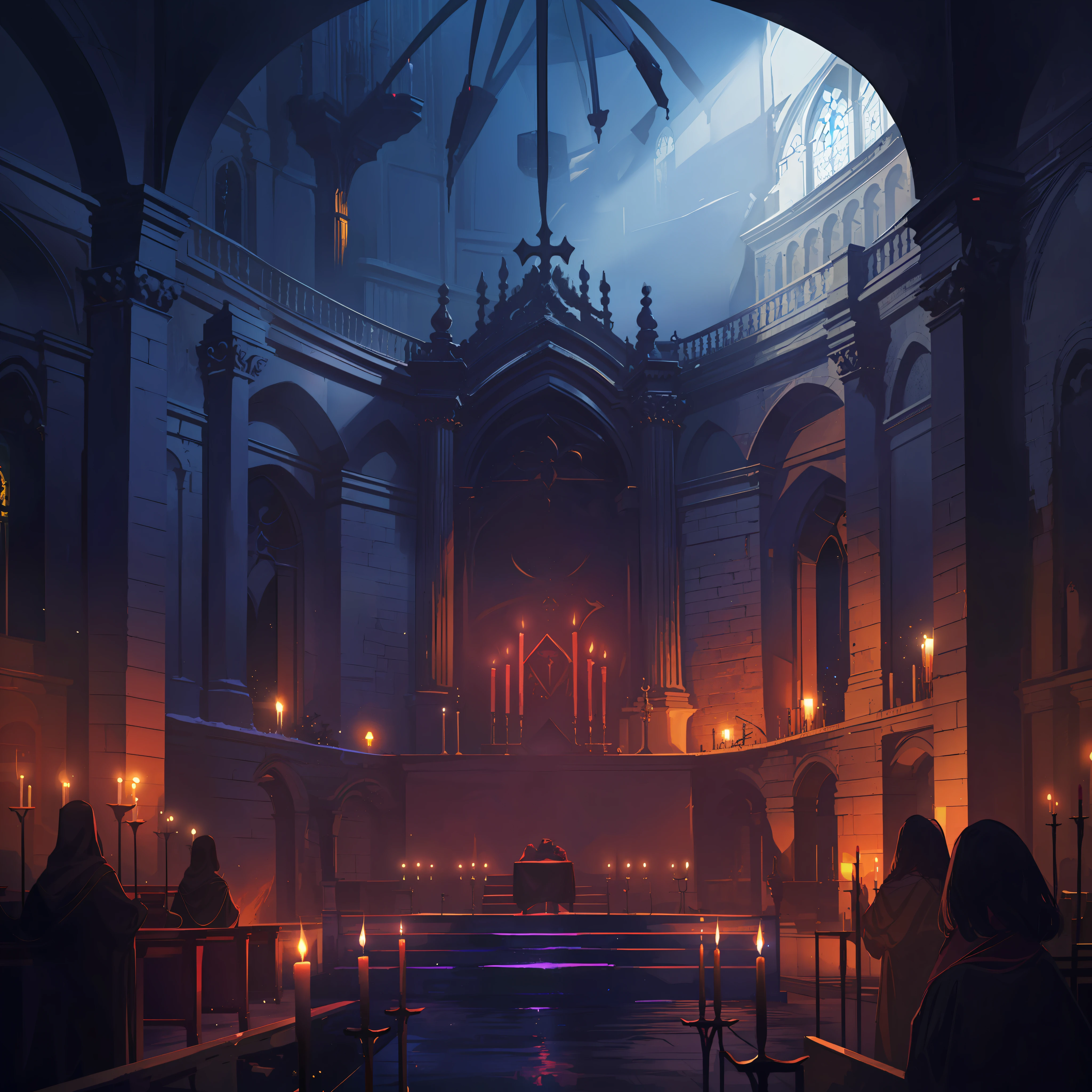 (foreground of a Massive crowd of worshipers, inside a church, desks, wall, giant pillars, candles, chandeliers, dark worshiping room, distant gigantic sacrifice altar, blood, crimson magic circle, life stream, glowing blue soul lights, perspective,