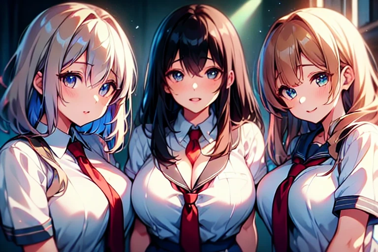 3girls,trio,perfect skin,4k, high resolution,uhd,cowboyshot,pov,beautiful detailed eyes, detailed lips, long eyelashes, bright and vibrant colors, natural lighting,(best quality, highres), ultra-detailed, soft and smooth texture, no distractions, dreamlike sensation, slight bokeh effect,highlighting her figure,deformed and independented breasts,(small breasts:0.5),Skin Gloss,oily skin,Skin Highlights,schooluniform,Almost undressed,cleavage,from below,