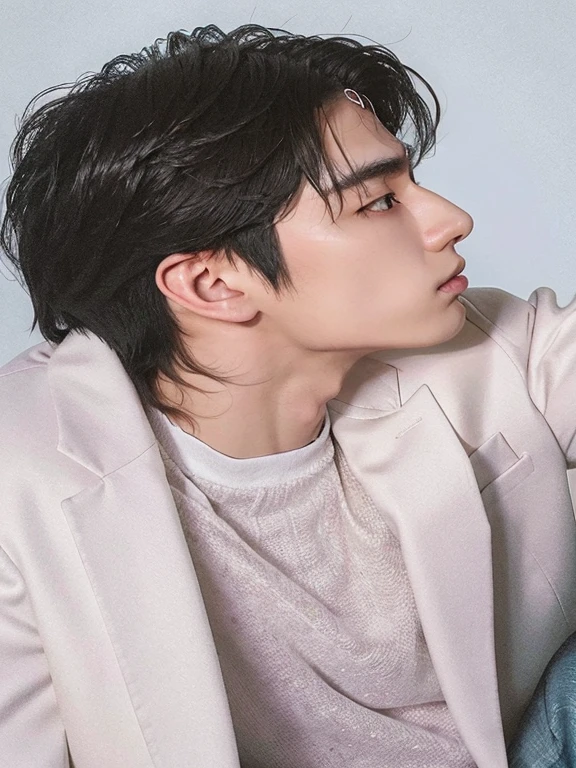 Araffated Asian man wearing a white shirt and a white jacket., Cai Xu Kun, kim doyoung, yoongi de pelo negro, jinyoung shin, jungkook, hyung tae, delicate androgynous prince, por Tadashi Nakayama, inspirado en Bian Shoumin, sha xi, beautiful androgynous prince, handsome young prince, suave en _ el fondo, jia
