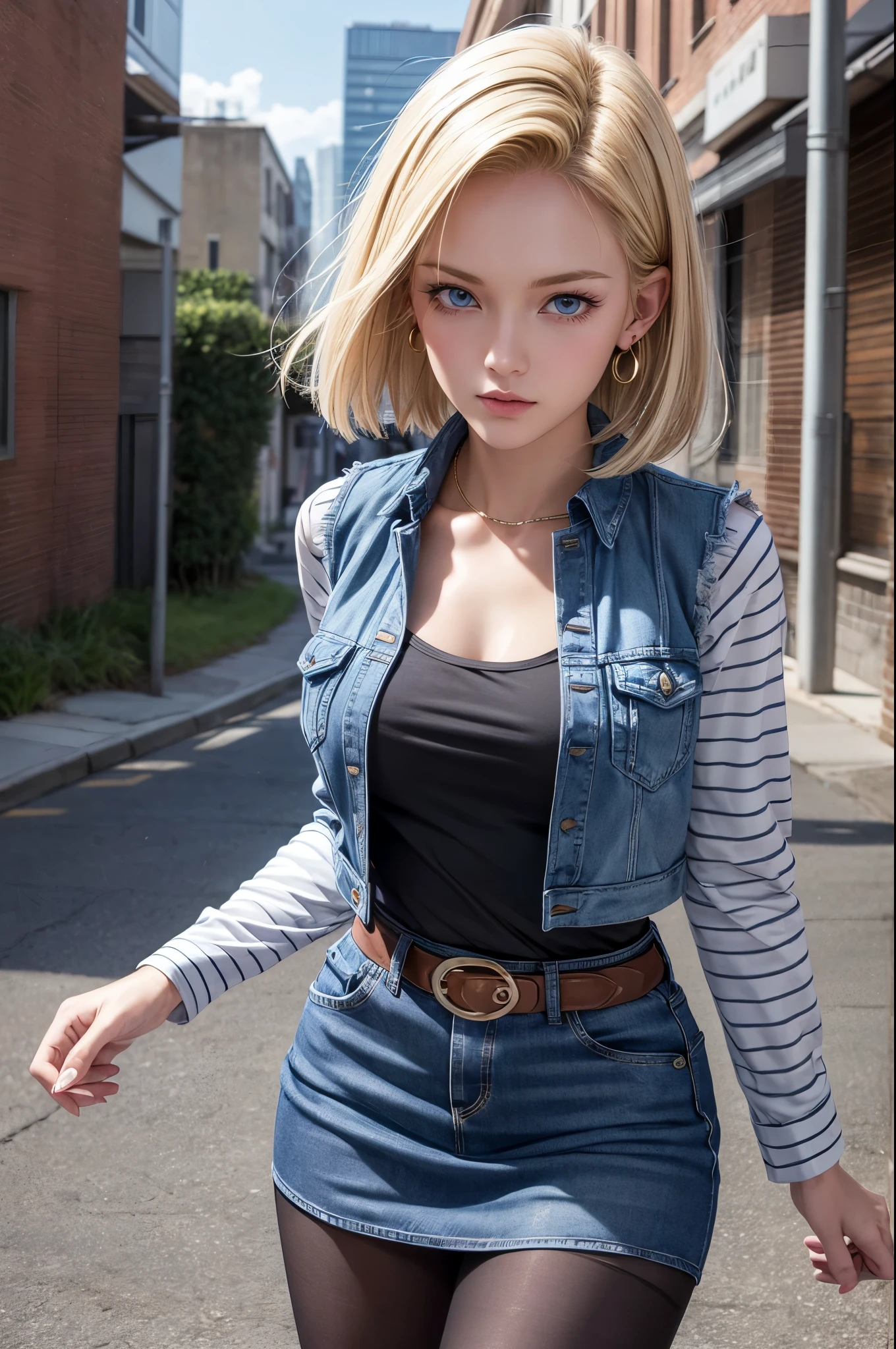 best quality, high resolution, and 18, 1 girl in, Android 18, alone, blonde hair, blue eyes, short hair, earrings, jewelry, denim dress, open vest, black pantyhose, Black shirt, Denim skirt, striped long sleeves, blue skirt, medium breasts, Cowboy shooting, street, (chest expansion: 1.2)