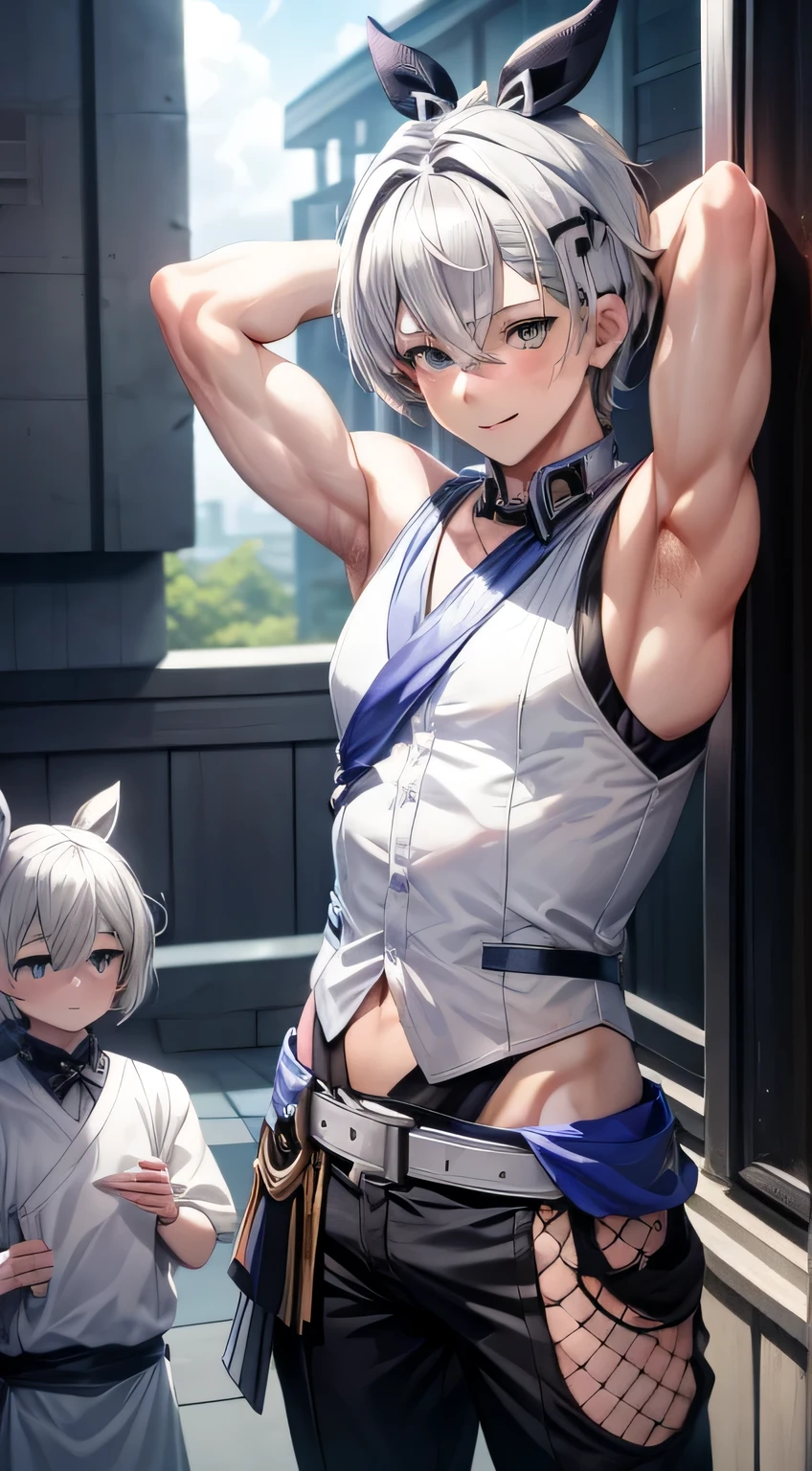 （anime boy in white dress with short hair and ears standing in front of bushes, azur lane style, white haired deity, cute anime waifu in a nice shirt, boy frontline style, boy frontline cg, fine details. Boy frontline, from boy frontline, anime visual of a cute boy, from the azur lane videogame, characters from azur lane, perfect white haired boy, 8k high resolution,detailded face,detailed bpdy,perfect body,ultra high quality,1 boy, sleeveless shirt,arms up with dumbell, sweating, smile face, grey eyes, fitness pose, fuul body, wearing black trousers, smilling face, grey hair, short hair, with cat dools, fuul background