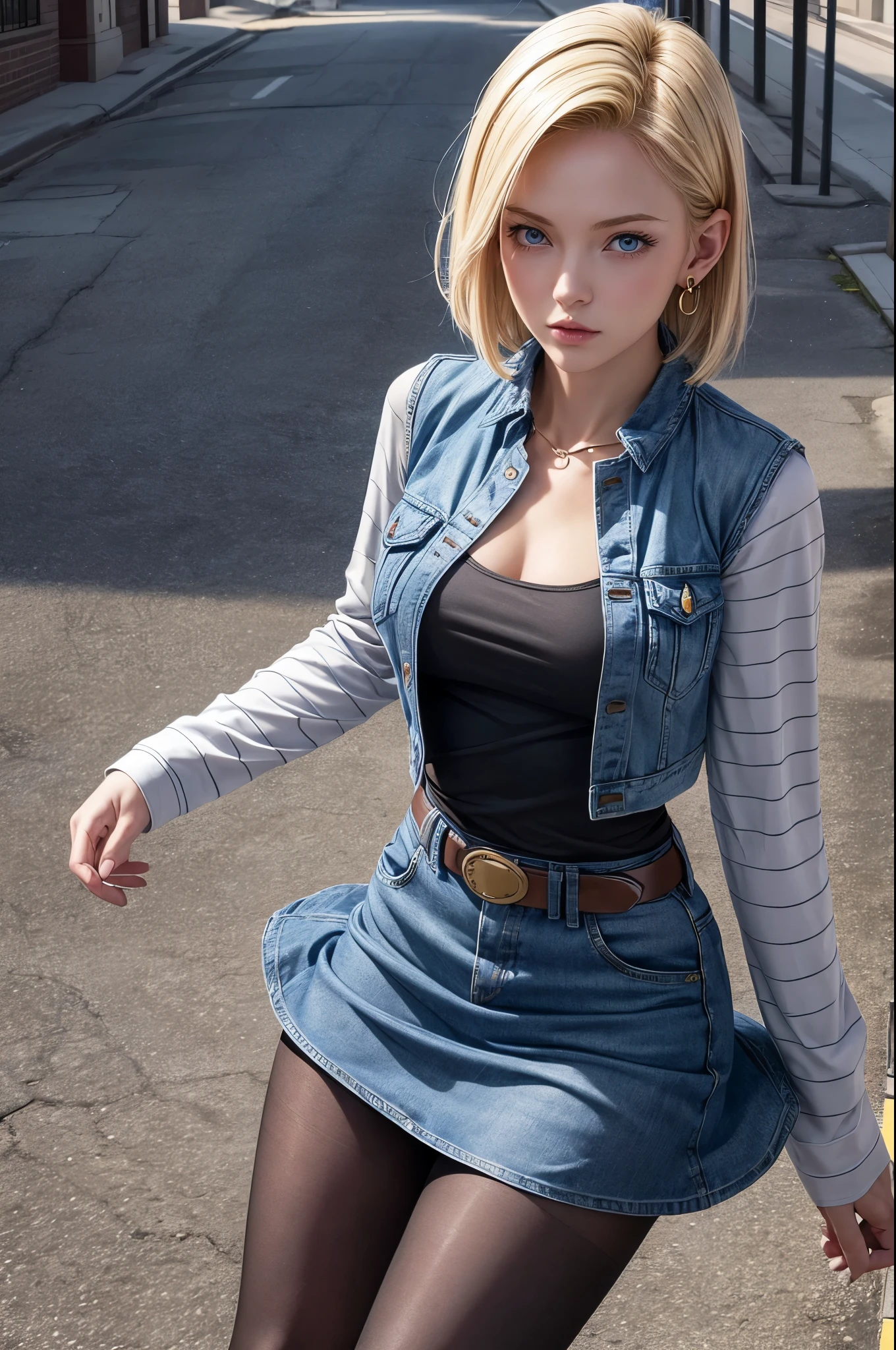 best quality, high resolution, and 18, 1 girl in, Android 18, alone, blonde hair, blue eyes, short hair, earrings, jewelry, denim dress, open vest, black pantyhose, Black shirt, Denim skirt, striped long sleeves, blue skirt, medium breasts, Cowboy shooting, street, (chest expansion: 1.2)