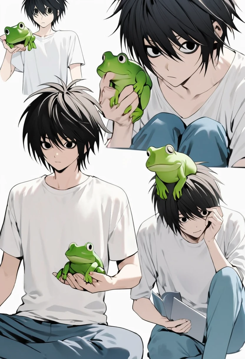 Create a cartoon of the character L from Death Note which is a black movie, white, has black eyes, it is said that he wears a white t-shirt, blue pants, he is carefree, cold, calculating and relaxed. He is 23 years old and in the image he has to hold a tender frog on top of his hand.