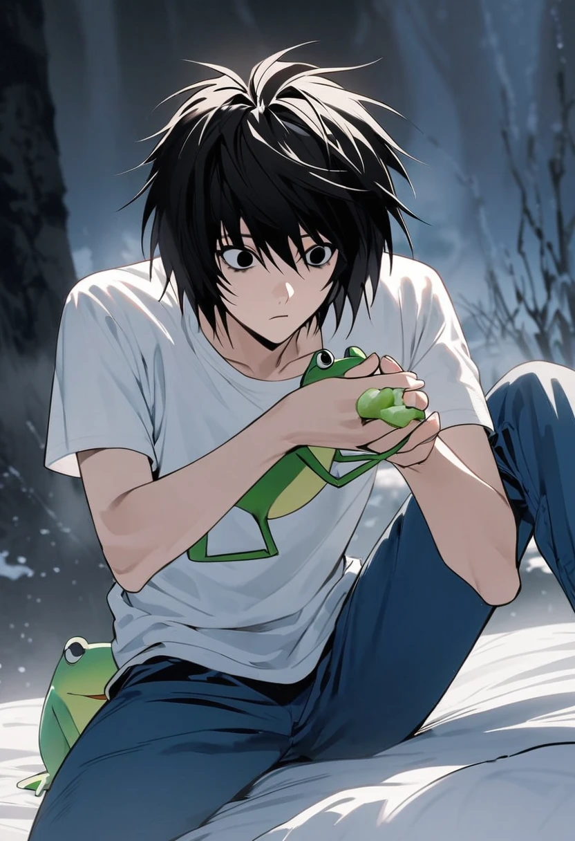 Create a cartoon of the character L from Death Note which is a black movie, white, has black eyes, it is said that he wears a white t-shirt, blue pants, he is carefree, cold, calculating and relaxed. He is 23 years old and in the image he has to hold a tender frog on top of his hand.