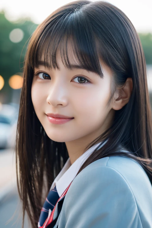 1 girl, (Please wear your high school uniform:1.2), (13 years old:1.5), (original Cai Neihua), young face, cute face, (Raw photo, highest quality), (realistic, Photoreal:1.4), debris flies, sharp focus, very delicate and beautiful, very detailed, 2k wallpaper, wonderful, finely, very detailed CG Unity 8K 壁紙, Super detailed, High resolution, soft light, beautiful detailed girl, very detailed目と顔, beautifully detailed nose, beautiful and detailed eyes, Blake Springs Street Corner, cinematic lighting, perfect anatomy, slender body, straight long, long hair, parted bangs, innocent smile, (looking at the viewer),check skirt、Please make your thighs thinner。