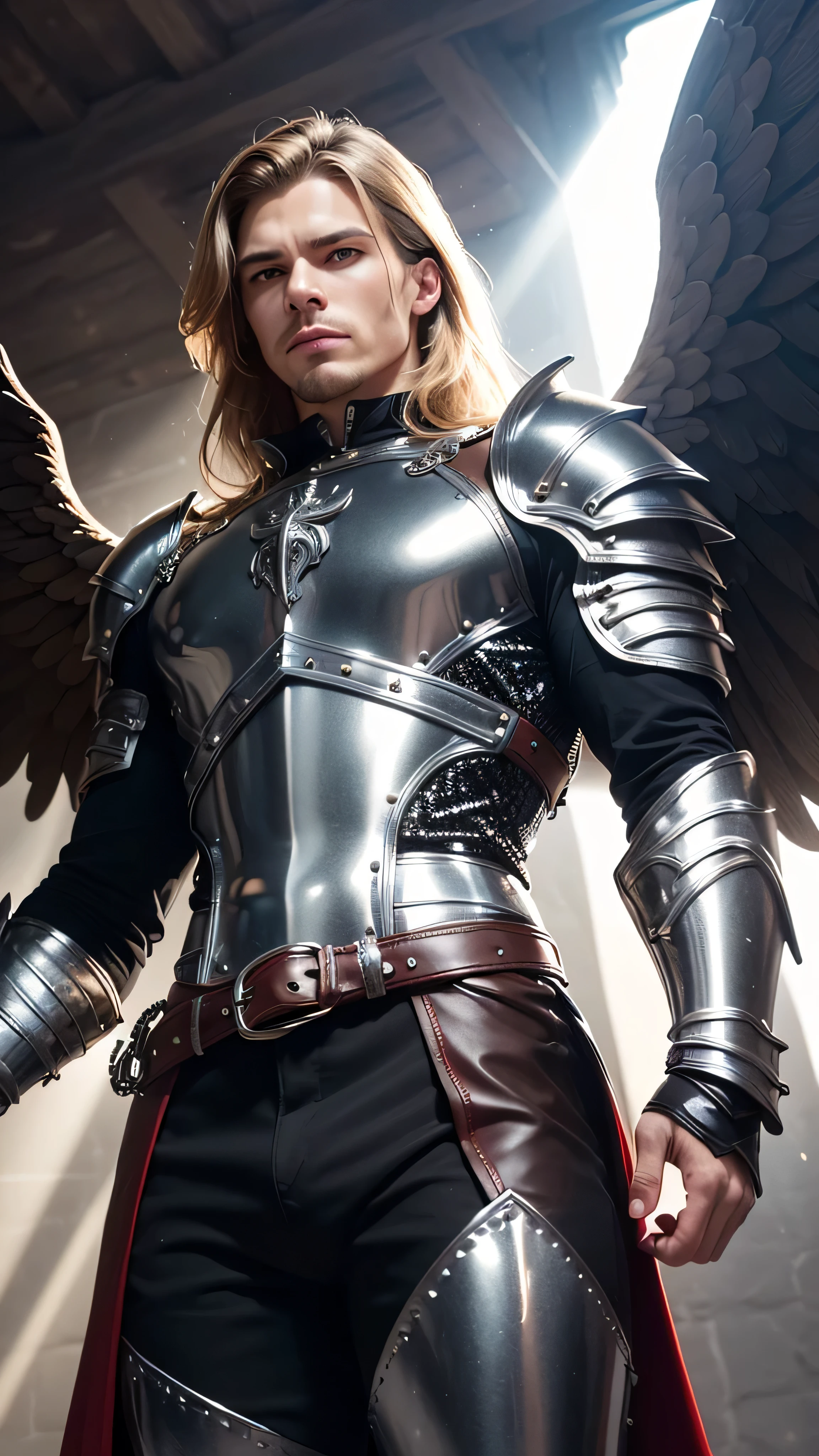 ((masterpiece)), intricate details, sharp focus, professional, real life, realistic representation of the face, dynamic pose, (((solo Man, masculine, ((medieval armor:1.6, glossy lacquered black chrome perfectchainmail, god rays, glowing)), from below, vintage wide white angel wings, leather belt), [blonde hair:pink hair:0.7], superhero pose, smirking))