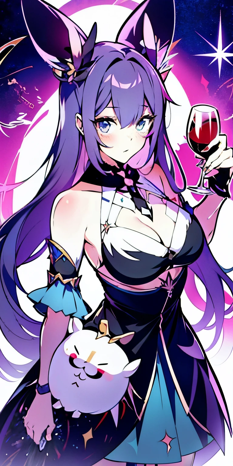 animated girl,With rabbit ears,holding tray in hand,holding drink in hand, portrait zodiac knight girl, anime goddess, zodiac knight girl, Biomechanics OPPEIN, seductive anime girl, high resolution committee, She is holding a glass of wine, ((beautiful fantasy queen)), Beautiful charming anime woman, Very detailed and beautiful fan art, Kitagawa Marin fan art