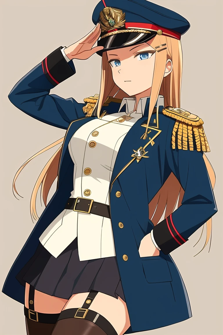 long hair, ahoge, sidelocks, parted bangs, hairclip, salute, hand on hip,military cap, (military uniform), (epaulette),coat, fur-trimmed coat, jacket, harness, thigh strap, black thigh boots, (layered skirt), miniskirt, c