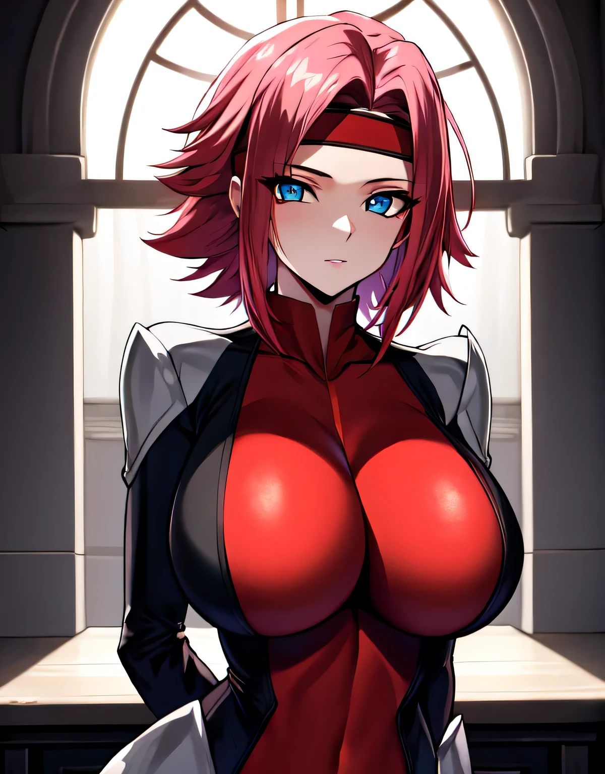 (large breasts:1.5),shiny,hair,((solo)),((masterpiece)),((best quality)),perfect anatomy,slim waist,perfect image,8k UHD,(beautiful detailed eyes:1.5),extremely detailed face,standing,(upper body:1.1),(look at the front:1.1),arms behindback,ultra-detailed,absurdres,highres,(shiny hair),KallenStadfeld,blue eyes,pink hair,spiky hair,hair intakes,red headband,cleavege,(red bodysuit:1.2), bodysuit sleeves,bodysuit legs,(gray sleeves),indoor hall,shiny skin,