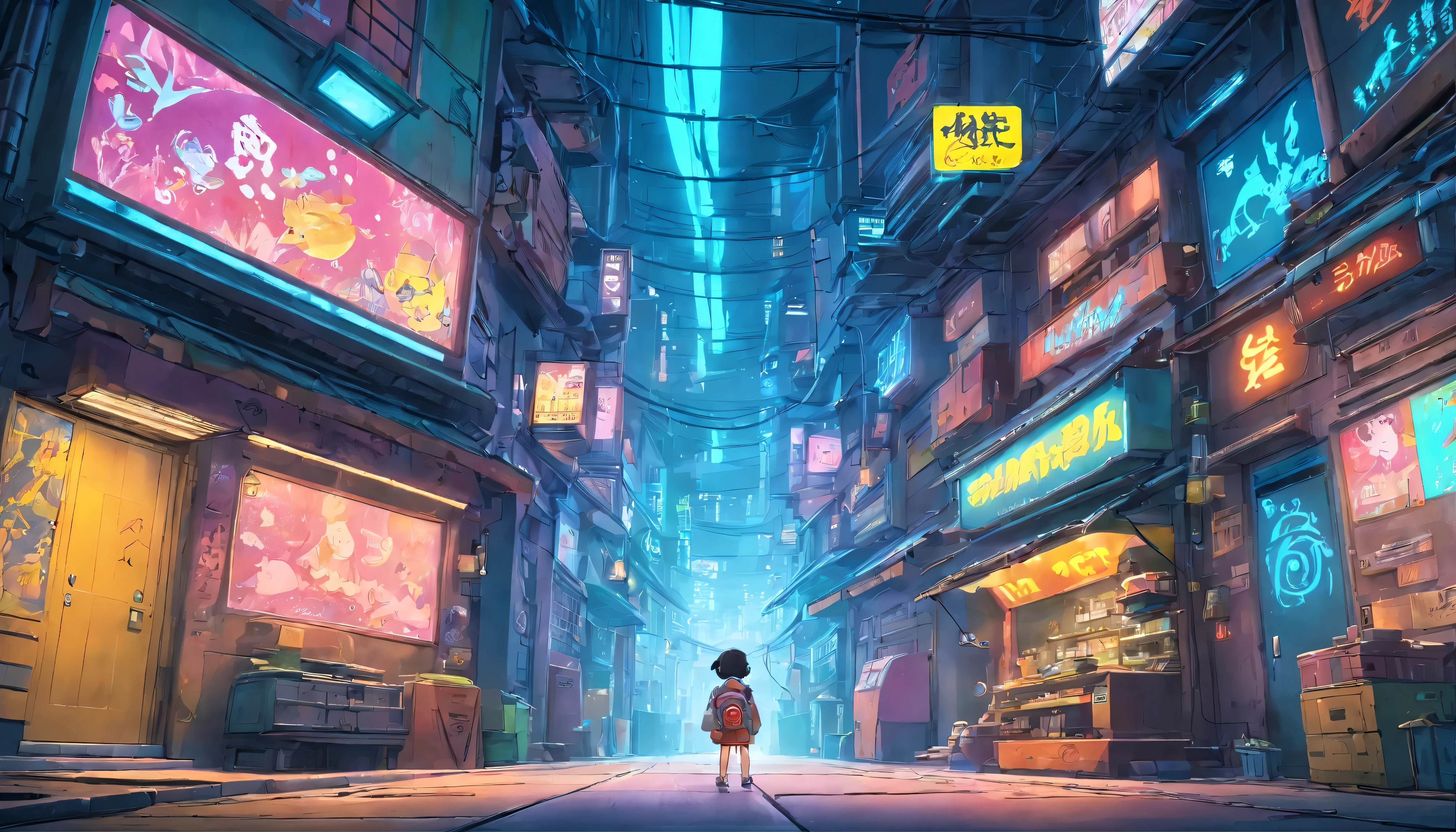 Masterpiece, Best quality, Lots of detail, (full body:1.2), tchibi, Cyberpunk,3D rendering of, Q printmaking style,A trendy (cyberpunk style:1.3) ,Eating bubble gum,facing at the camera,Sit on the ground located in the lower left corner of the picture,Back against a wall,There are colorful marine world graffiti full on the walls