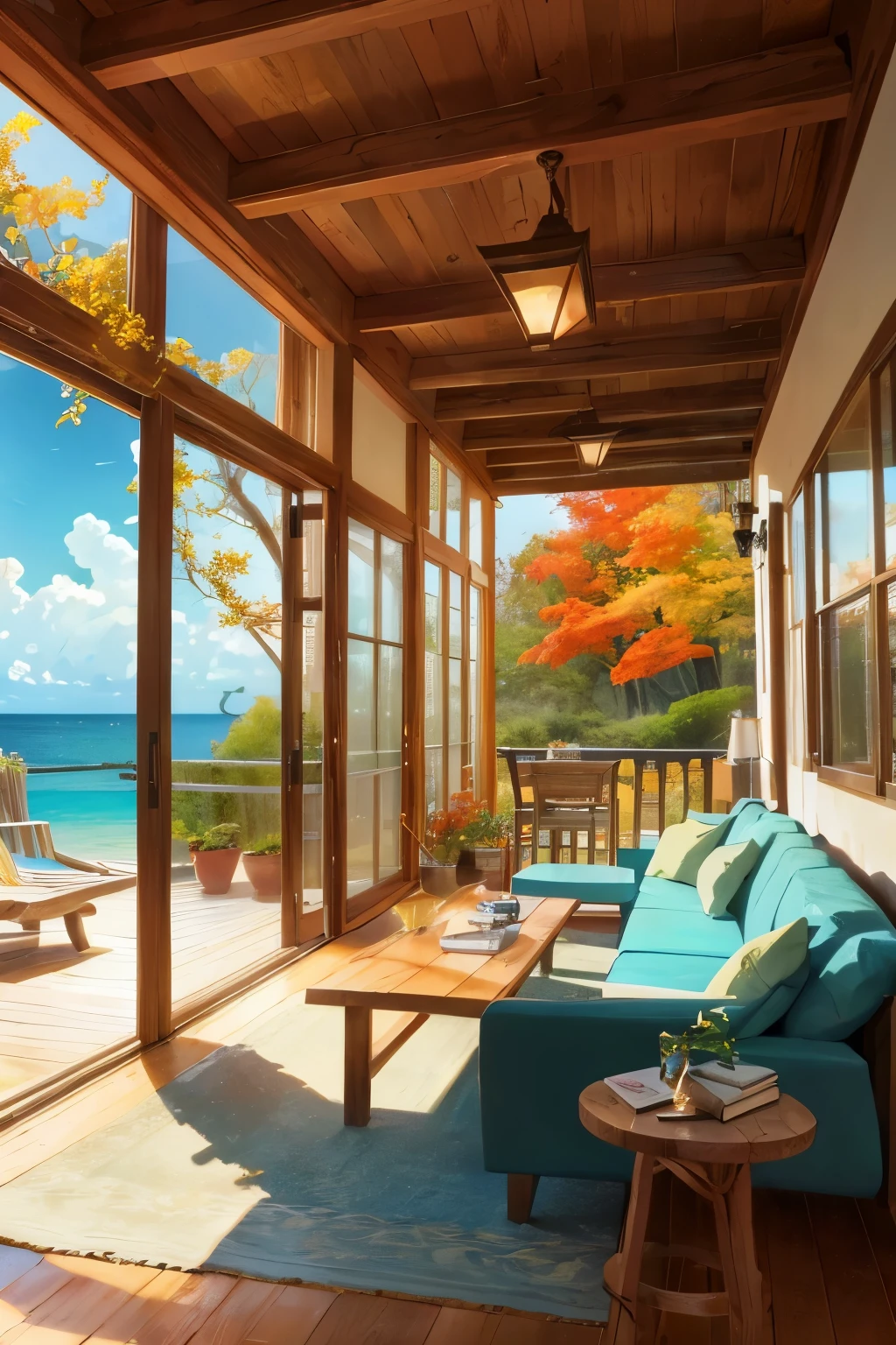 A picturesque house nestled by the tranquil ocean, crafted with rustic stone walls, captures the essence of codex_401's artistic style. Poised in the lower right quarter of the photograph, this charming abode exudes an inviting aura. Vibrant red and turquoise flowers adorn the surroundings, while a handful of trees sporadically display hints of autumn with their few remaining orange-colored leaves.