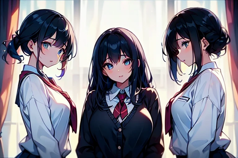 3girls,trio,perfect skin,4k, high resolution,uhd,cowboyshot,pov,beautiful detailed eyes, detailed lips, long eyelashes, bright and vibrant colors, natural lighting,(best quality, highres), ultra-detailed, soft and smooth texture, no distractions, dreamlike sensation, slight bokeh effect,highlighting her figure,deformed and independented breasts,(small breasts:0.5),Skin Gloss,oily skin,Skin Highlights,schooluniform,(undressing:1.3),from below,