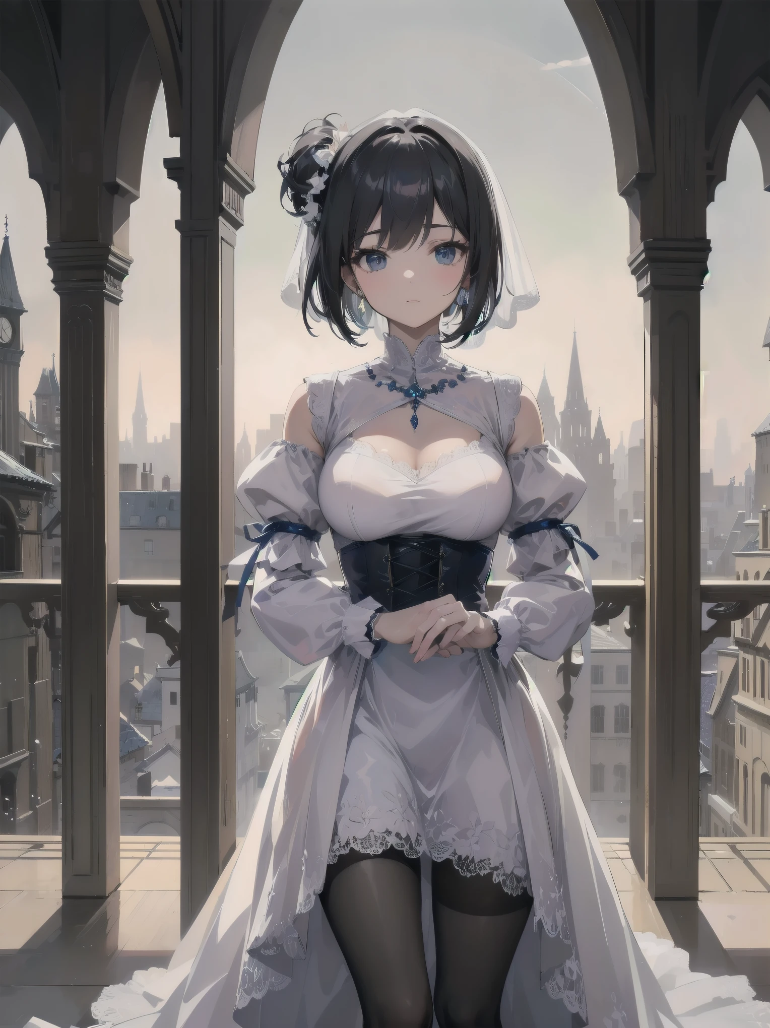 bride: wedding ring shining on ring finger Fusion of medieval European fashion Emphasis on elements of cuteness and adoration Posed illustration of the overwhelming cuteness of the character in the foreground Overwhelming architectural and cityscape background Ultra-detailed, rich, contemporary interpretation of medieval Europe and fantasy world Realistic textures, Professional artistic shading and light sources, scene-like cinematography and effects, depth of subject One beautiful girl, super cute, bob cut, side ponytail, perfect anatomy
Colours: pastel, white, pale purple, blue, gingham check
Materials: chiffon, lace, satin, velvet, etc. Silhouette: fluffy skirt, A-line, long length
Decoration: frills, ribbons, lace, pearls, embroidery etc. Coordinates Romantic princess: pastel dress, lace blouse, fluffy skirt, ribbon hair accessory, black tights Add accessories and accessories to personalise.