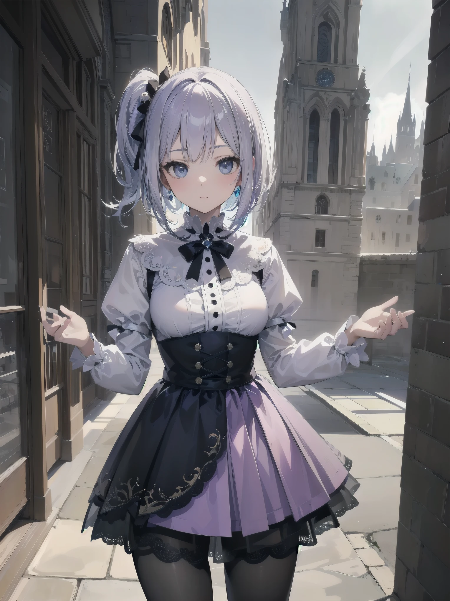 bride: wedding ring shining on ring finger Fusion of medieval European fashion Emphasis on elements of cuteness and adoration Posed illustration of the overwhelming cuteness of the character in the foreground Overwhelming architectural and cityscape background Ultra-detailed, rich, contemporary interpretation of medieval Europe and fantasy world Realistic textures, Professional artistic shading and light sources, scene-like cinematography and effects, depth of subject One beautiful girl, super cute, bob cut, side ponytail, perfect anatomy
Colours: pastel, white, pale purple, blue, gingham check
Materials: chiffon, lace, satin, velvet, etc. Silhouette: fluffy skirt, A-line, long length
Decoration: frills, ribbons, lace, pearls, embroidery etc. Coordinates Romantic princess: pastel dress, lace blouse, fluffy skirt, ribbon hair accessory, black tights Add accessories and accessories to personalise.