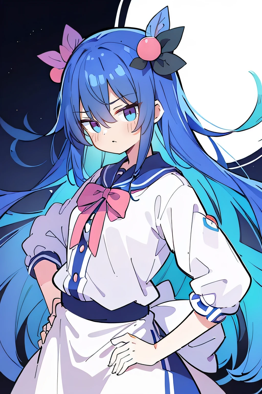 (best quality, masterpiece:1.2), expressive eyes, perfect face, 1 girl, hands on waist, beautiful, glamorous, Japanese anime, girl, Lola, Hina the Angel, blue hair, blue-haired, floating clothes, curvy, curvy, hands on hips, hands on hips, flat chest, dark blue eyes