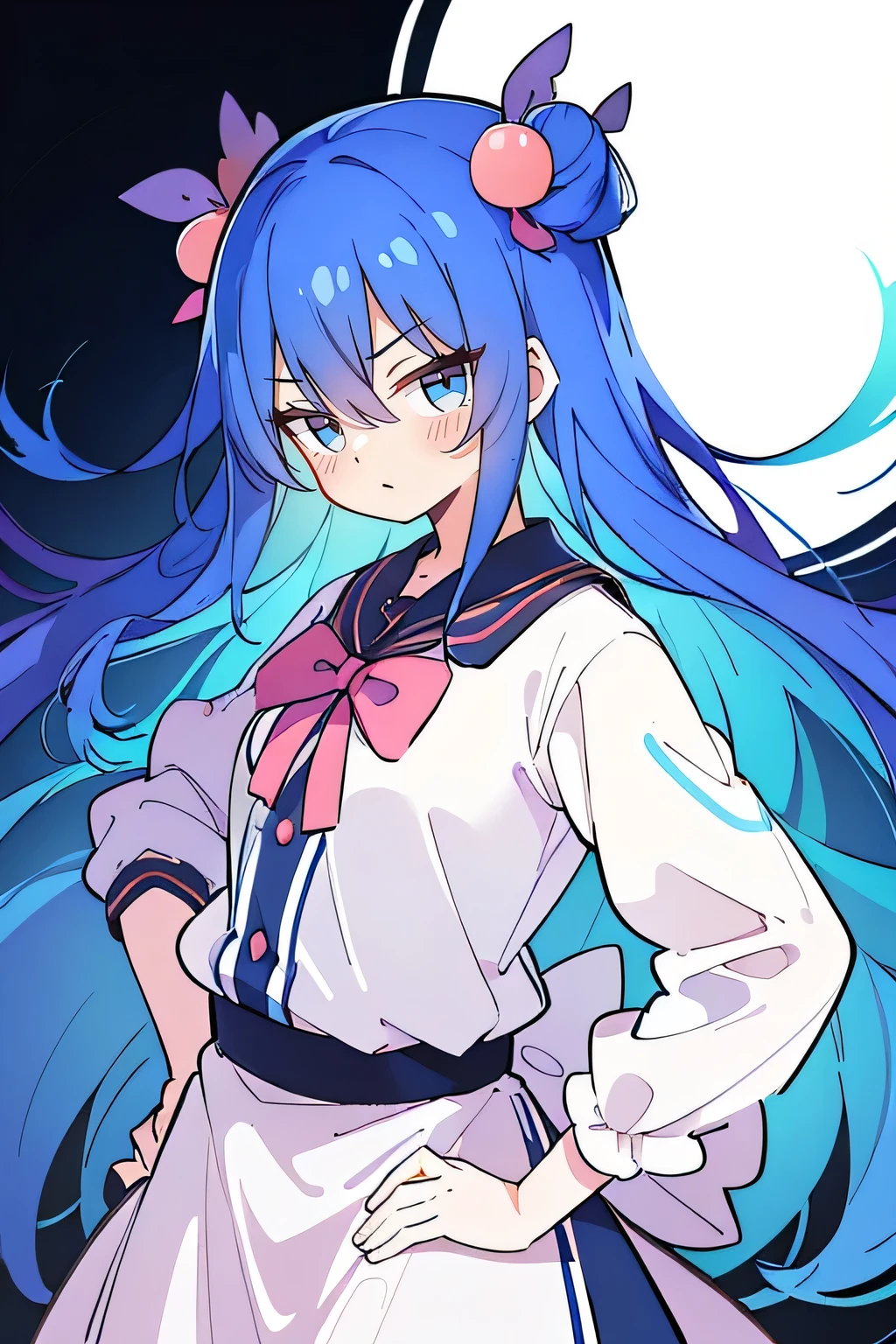 (best quality, masterpiece:1.2), expressive eyes, perfect face, 1 girl, hands on waist, beautiful, glamorous, Japanese anime, girl, Lola, Hina the Angel, blue hair, blue-haired, floating clothes, curvy, curvy, hands on hips, hands on hips, flat chest, dark blue eyes