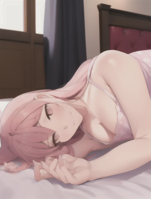 masterpiece, highest quality, High resolution, 1 girl, alone, bedroom、pajamas、lie down on the bed、chest、big chest、pink hair、smile