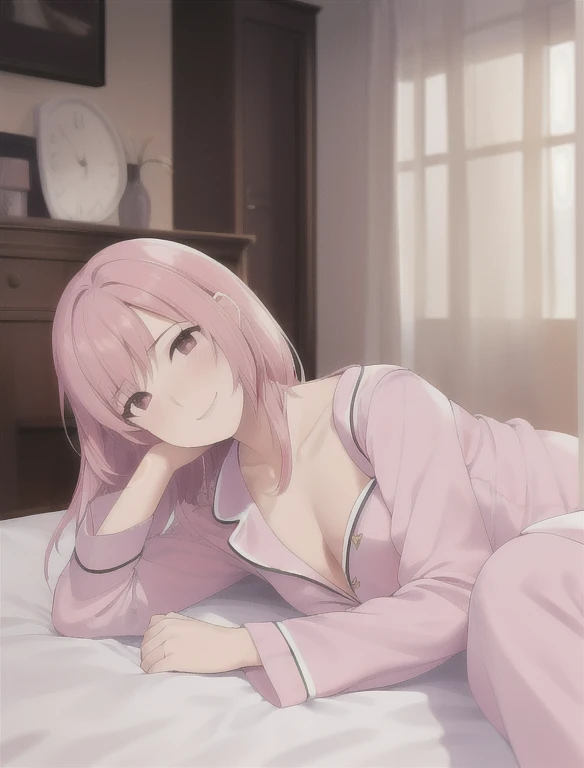 masterpiece, highest quality, High resolution, 1 girl, alone, bedroom、pajamas、lie down on the bed、chest、big chest、pink hair、smile