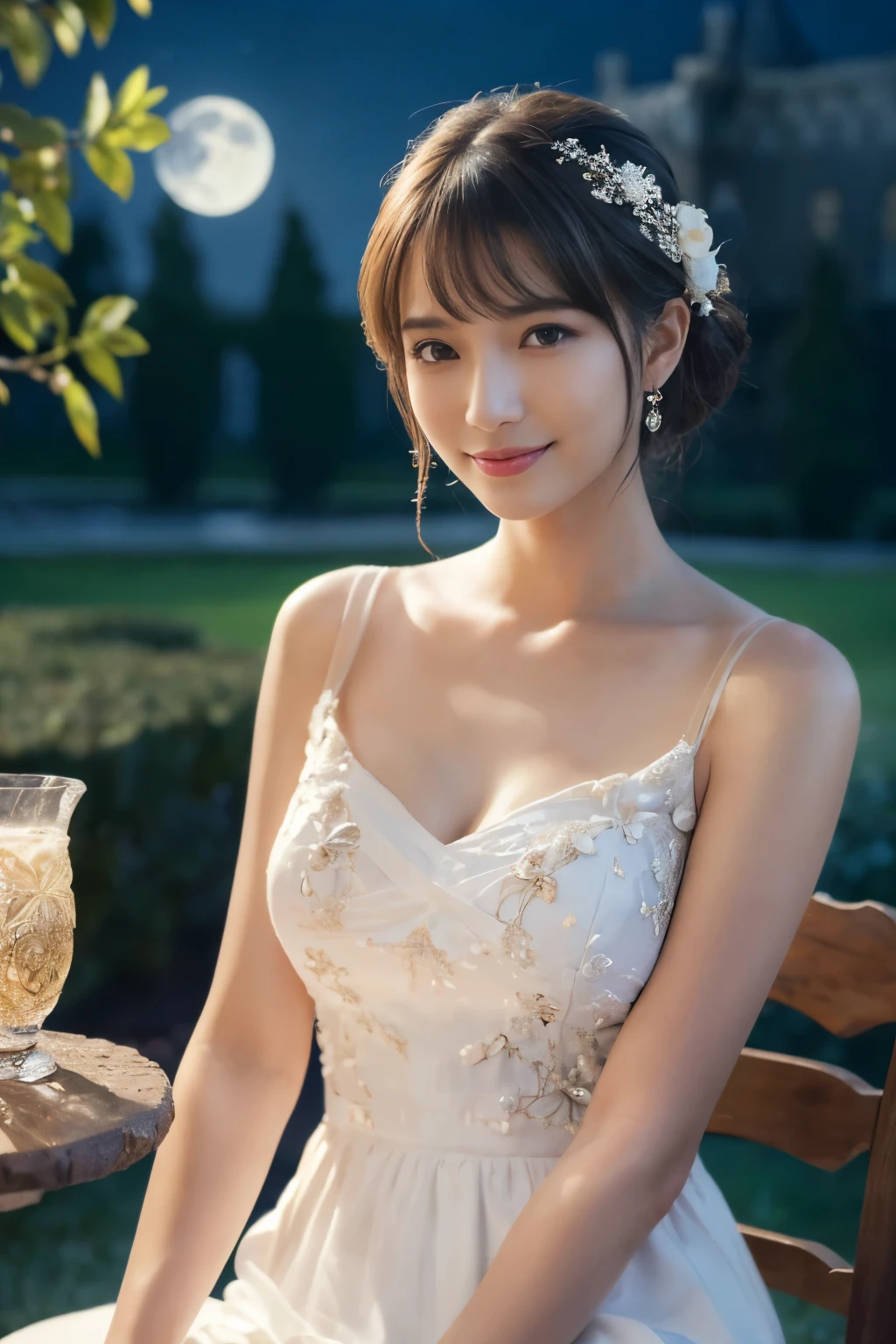 
((table top:1.4, highest quality)), (realistic pictures:1.4), 
((1 girl)), (Pure actress), (dream-like),
(超High resolution:1.2), very delicate and beautiful, wonderful, Highly detailed CG Unity 8K wallpaper, Super detailed, High resolution, 
soft light, beautiful detailed girl, highly detailed eyes and face, beautifully detailed nose, beautiful and detailed eyes, 
(Wear a white dress:1.3), 
cinematic lighting, perfect anatomy, slender body, (parted bangs),
(Relax in the gardens of European castles at night:1.3), (moon明かりに照らされる花園:1.3), (Colorful flowers blooming all over々), (moon), (outdoor), (contrast of light and dark),
cowboy shot, looking at the viewer, (archaic smile)