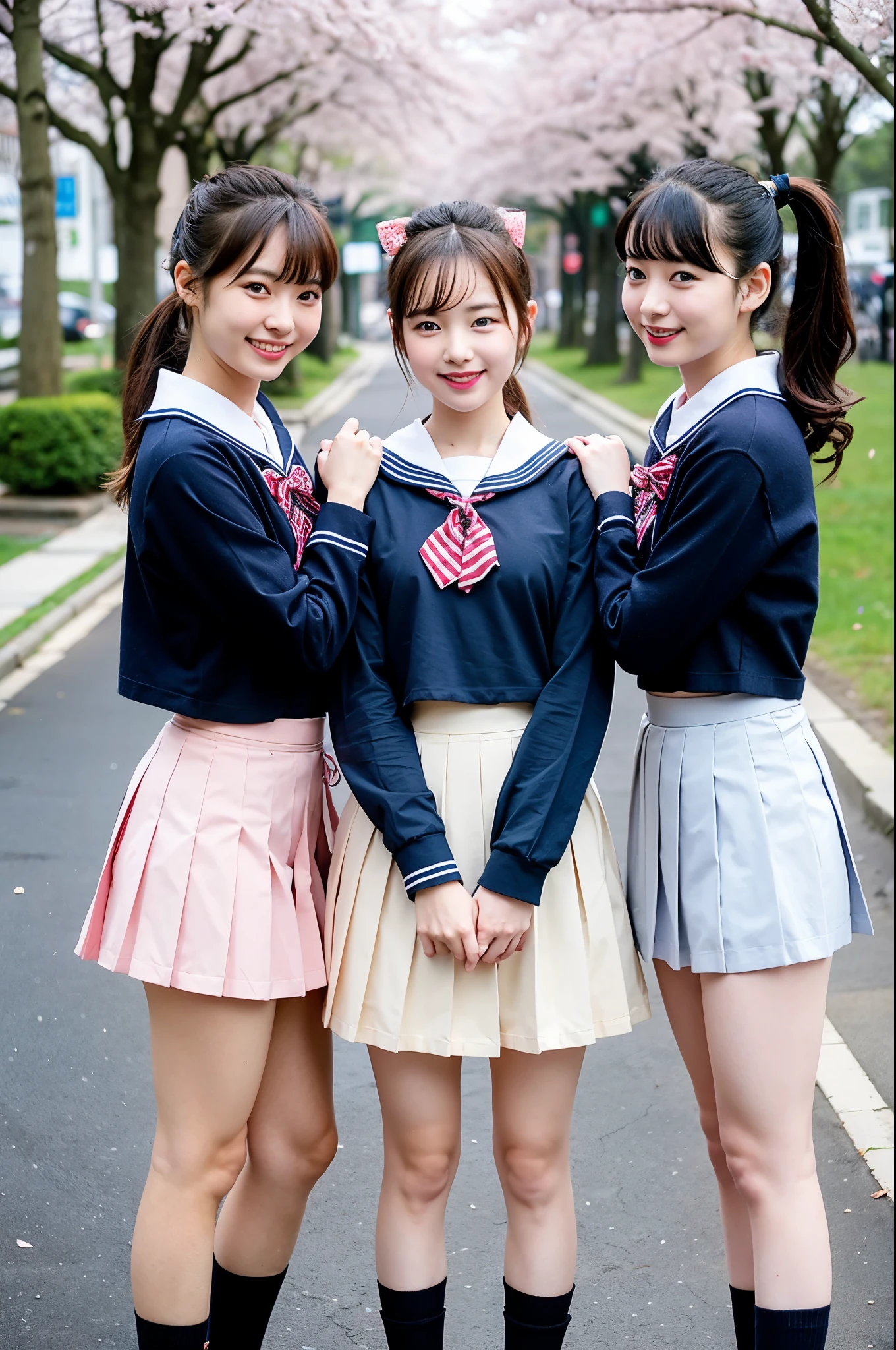3 girls in cherry blossom street,navy blue long-sleeved sailor shirt with bow tie,navy blue pleated skirt,18-year-old,bangs,a little smile,thighs,knees,ponytail with barrette,from below,front light