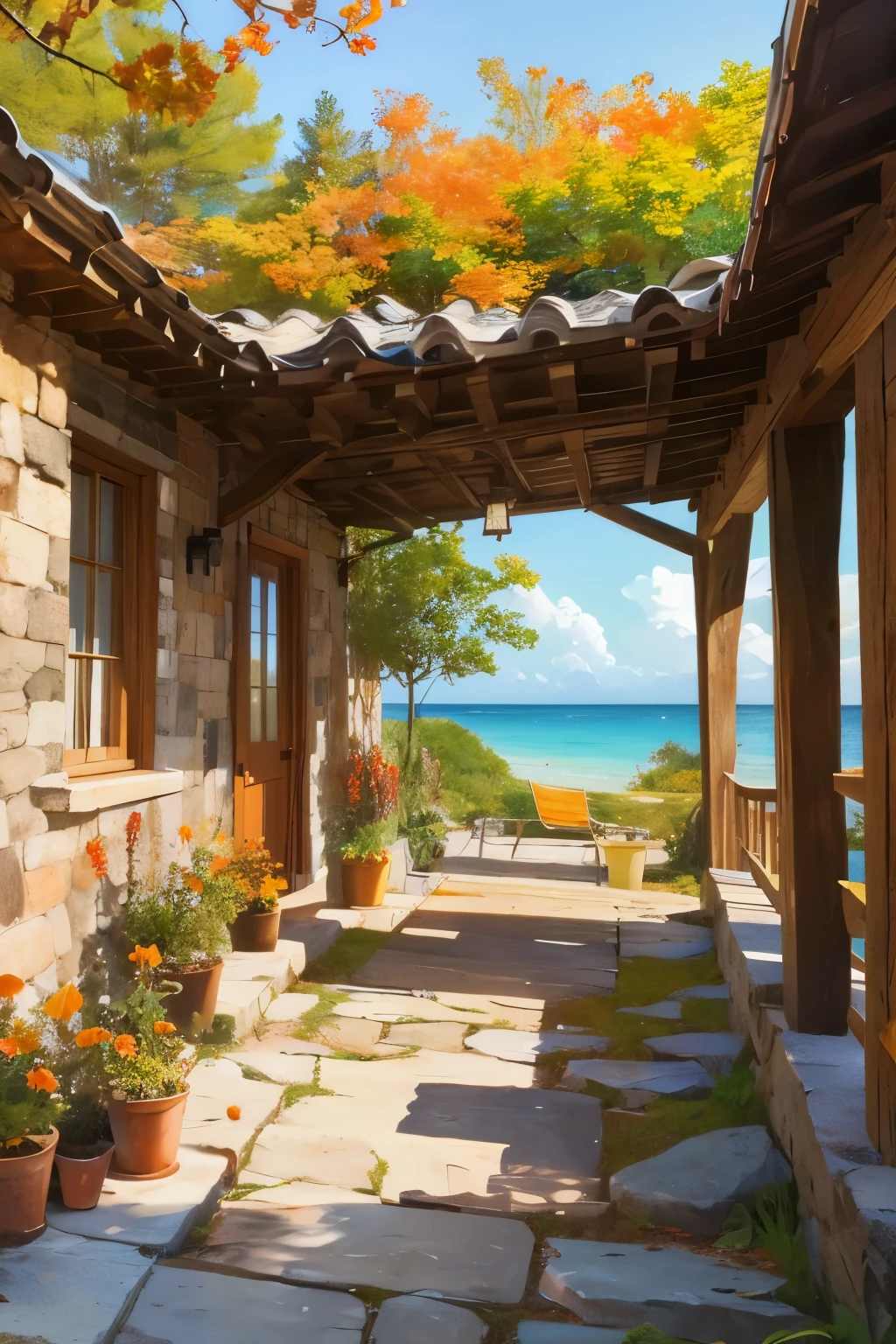 A picturesque house nestled by the tranquil ocean, crafted with rustic stone walls, captures the essence of codex_401's artistic style. Poised in the lower right quarter of the photograph, this charming abode exudes an inviting aura. Vibrant red and turquoise flowers adorn the surroundings, while a handful of trees sporadically display hints of autumn with their few remaining orange-colored leaves.
