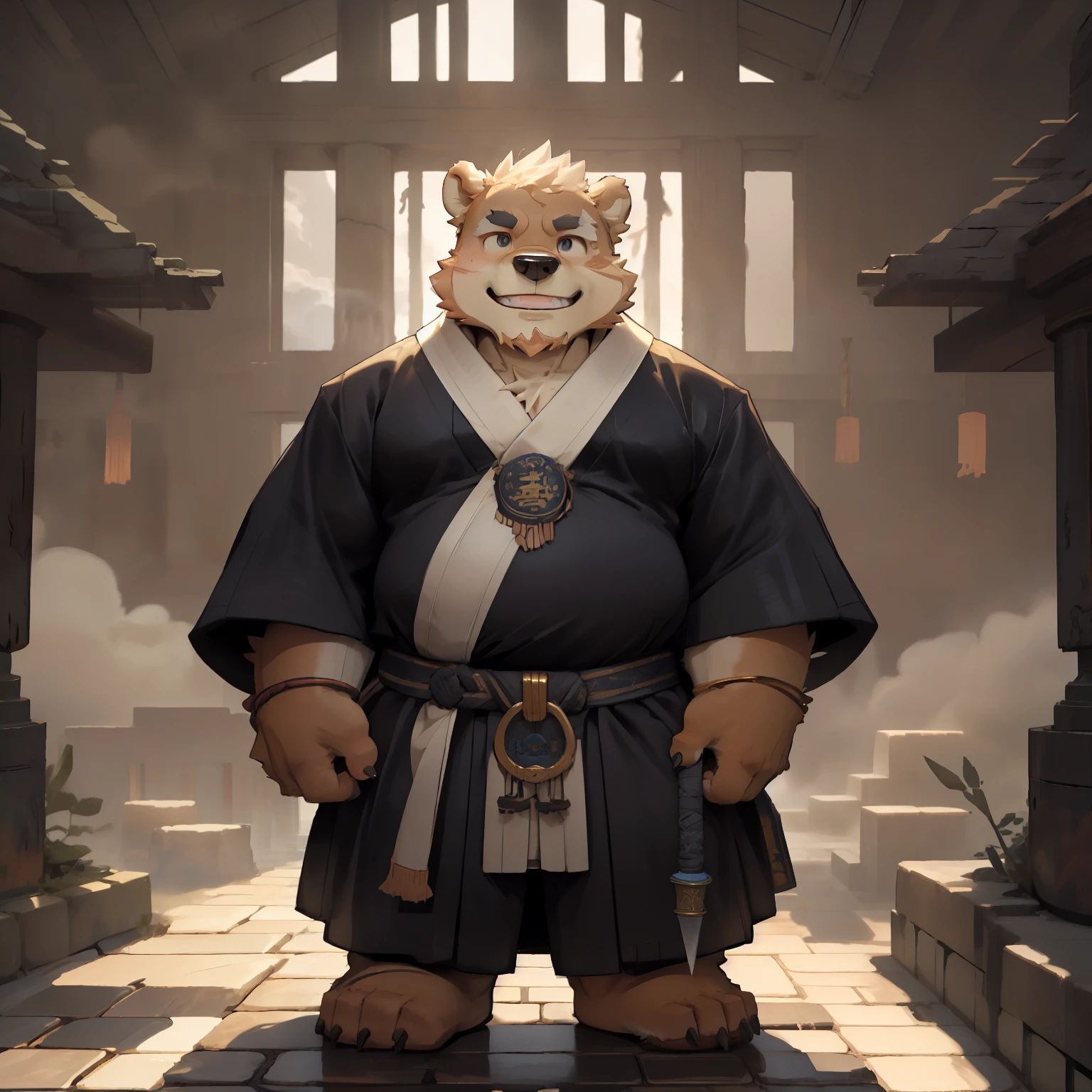 New Jersey 5 Hairy, Bear，Full body portrait of an individual, middle aged男性,exquisite，round face， chubby，Fat，thick arms，Light plush fur，temple，Taoist temple，Cloud，shrouded in mist，Monk，middle aged，全套Xian Xia服装，Cultivation，Xian Xia，sword fairy，On the brick road，Smile，beard