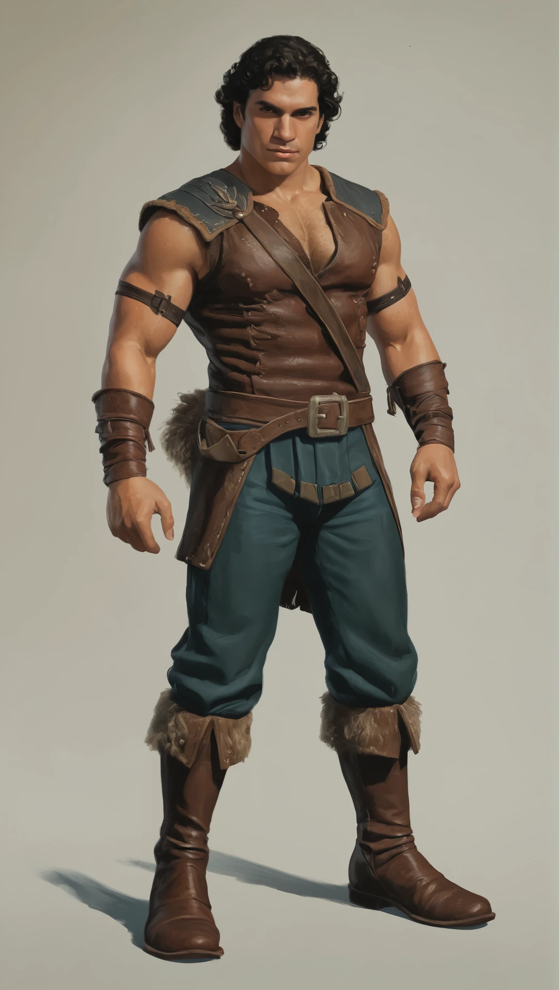 An illustrated movie poster, hand-drawn, full color, a swashbuckler, male, 28 years-old, wearing ankle-banded pants and leather boots, resembles a young Lou Ferrigno, sun-tanned skin, round face, average height, broad shoulders, soft belly, slightly chubby, deep brown eyes, wide bulbous nose, black hair, curly taper fade, thick bushy eyebrows, extremely hairy chest, stomach, and arms, lots of body hair, posing on a pedestal, wet listening skin, hard shadows, graphite shading, stencil marks, airbrushed acrylic paint, masterpiece, in the style of Skyrim