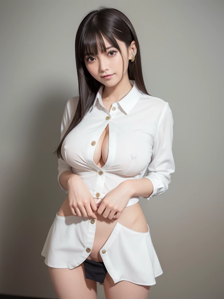 (8K、highest quality、masterpiece:1.2),(realistic,Photoreal:1.4),super detailed,(looking at the viewer),,solo,((beautiful ribbon)),(((black haired))),(smile:1.5),beautiful and delicate eyes,(collared shirt:1.4),(short hair:1.2),((huge breasts:1.5)),((Accentuated breasts 1.5)),((Slender:1.4)),((mini skirt:1.5)),((Legs spread out to the side:1.6)),((I'm not wearing underwear:1.4)),((Showing off her crotch:1.6)),((Realistic vagina down to the last detail:1.6)),short hairー,((hands behind head:1.5)),((Please button your shirt:1.5)),((Looks very young))