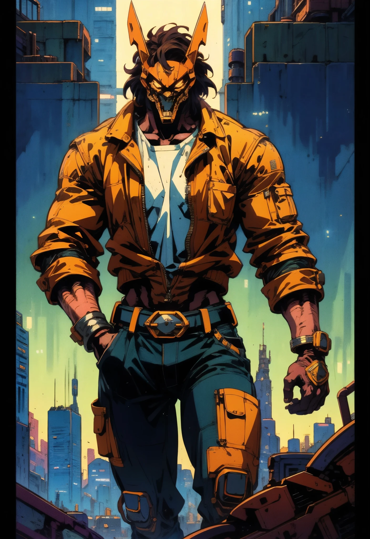 An adult man with tousled and messy dark blonde hair, a metallic beast concept mask covering his entire face, full mask, cold and penetrating gaze, a sturdy physique, a loose cyberpunk-style short jacket over a T-shirt, metal wrist guards, a belt around his waist, loose utility pants, adopting a relaxed posture within the cyberpunk-style city, city night view, this character embodies a finely crafted cyberpunk-style masked warrior in anime style, exquisite and mature manga art style, high definition, best quality, highres, ultra-detailed, ultra-fine painting, extremely delicate, professional, perfect body proportions, golden ratio, anatomically correct, symmetrical face, extremely detailed eyes and face, high quality eyes, creativity, RAW photo, UHD, 32k, Natural light, cinematic lighting, masterpiece-anatomy-perfect, masterpiece:1.5