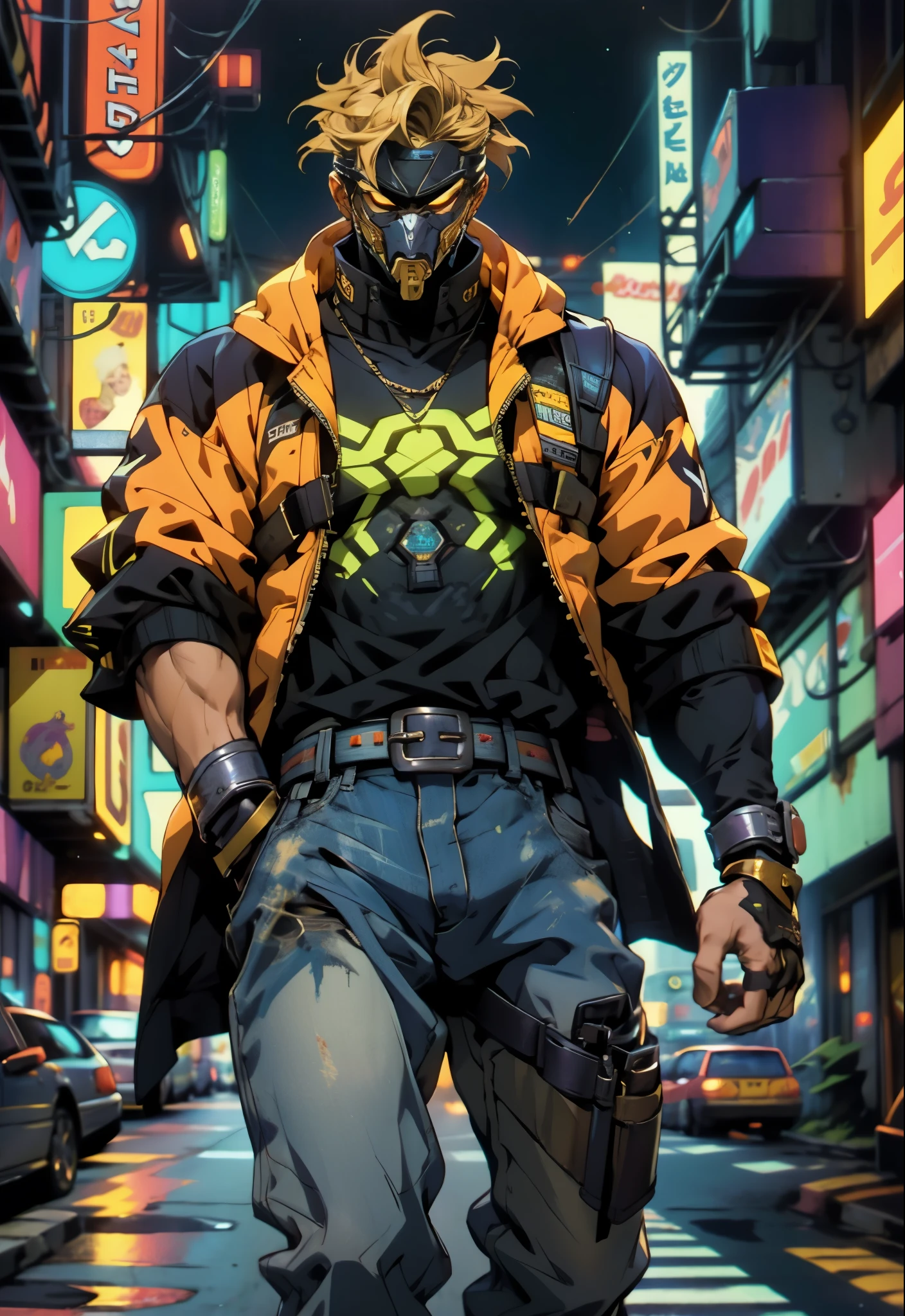 An adult man with tousled and messy dark blonde hair, a metallic beast concept mask covering his entire face, full mask, cold and penetrating gaze, a sturdy physique, a loose cyberpunk-style short jacket over a T-shirt, metal wrist guards, a belt around his waist, loose utility pants, adopting a relaxed posture within the cyberpunk-style city, city night view, this character embodies a finely crafted cyberpunk-style masked warrior in anime style, exquisite and mature manga art style, high definition, best quality, highres, ultra-detailed, ultra-fine painting, extremely delicate, professional, perfect body proportions, golden ratio, anatomically correct, symmetrical face, extremely detailed eyes and face, high quality eyes, creativity, RAW photo, UHD, 32k, Natural light, cinematic lighting, masterpiece-anatomy-perfect, masterpiece:1.5