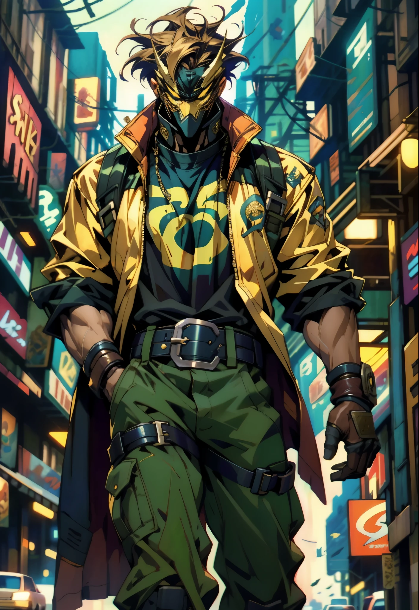 An adult man with tousled and messy dark blonde hair, a metallic beast concept mask covering his entire face, full mask, cold and penetrating gaze, a sturdy physique, a loose cyberpunk-style short jacket over a T-shirt, metal wrist guards, a belt around his waist, loose utility pants, adopting a relaxed posture within the cyberpunk-style city, city night view, this character embodies a finely crafted cyberpunk-style masked warrior in anime style, exquisite and mature manga art style, high definition, best quality, highres, ultra-detailed, ultra-fine painting, extremely delicate, professional, perfect body proportions, golden ratio, anatomically correct, symmetrical face, extremely detailed eyes and face, high quality eyes, creativity, RAW photo, UHD, 32k, Natural light, cinematic lighting, masterpiece-anatomy-perfect, masterpiece:1.5