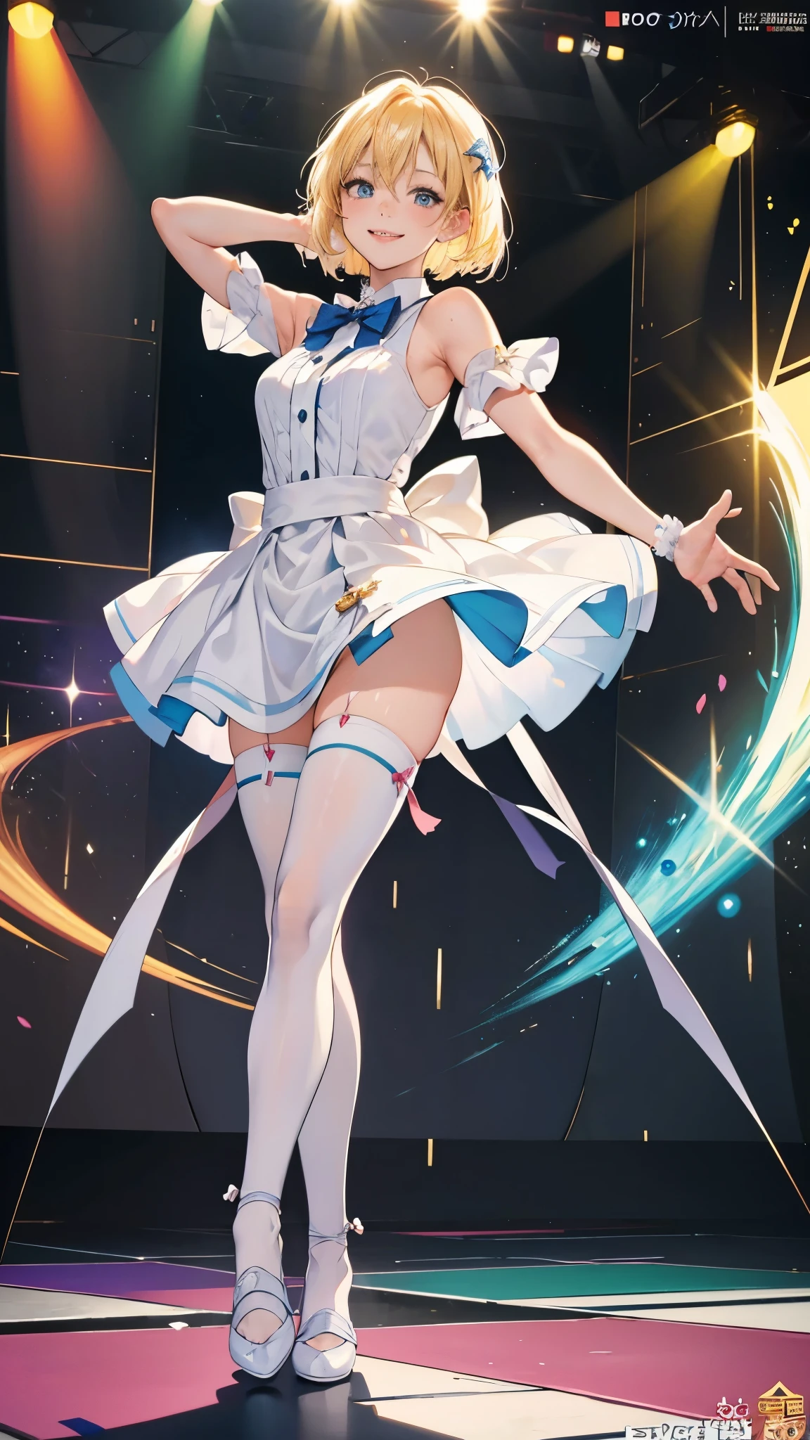 (RAW photo:1.2, photorealistic:1.3), masterpiece:1.4, best quality:1.3, Highest details:1.3, beautiful and aesthetic, extremely detailed CG unity 8k wallpaper,( vibrant colors:1.1), high resolution, see-through white short dress and a bow tie, anime visual of a cute girl, official character art, anime girl, official art, single character full body, anime full body illustration, full body portrait of a short!, female anime character, as an anime character, a-1 pictures, full body with costume, rei hiroe, anime best girl, blond bob hair, on the stage, dynamic pose, dancing, smile, full of sweaty, (peeing:1.5),