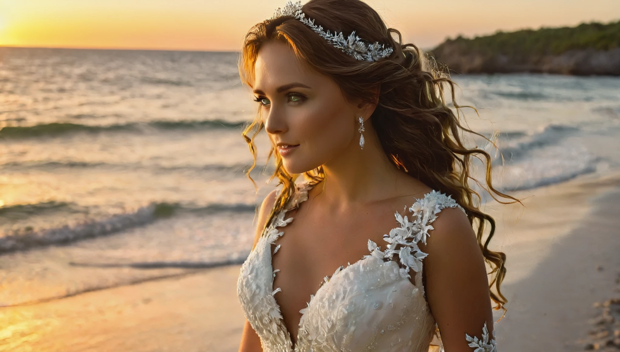 ((best quality)), ((masterpiece)), (detailed), image with 24-105 lens, lens flair, a beach at sunset with a bride and a groom embracing on the sea shore, the woman is beautiful, she has green eyes and she is wearing a bridal dress, the man is beautiful he is wearing a black smoking, the sun sets in the sea, the woman has long brown hair that moves in the wind