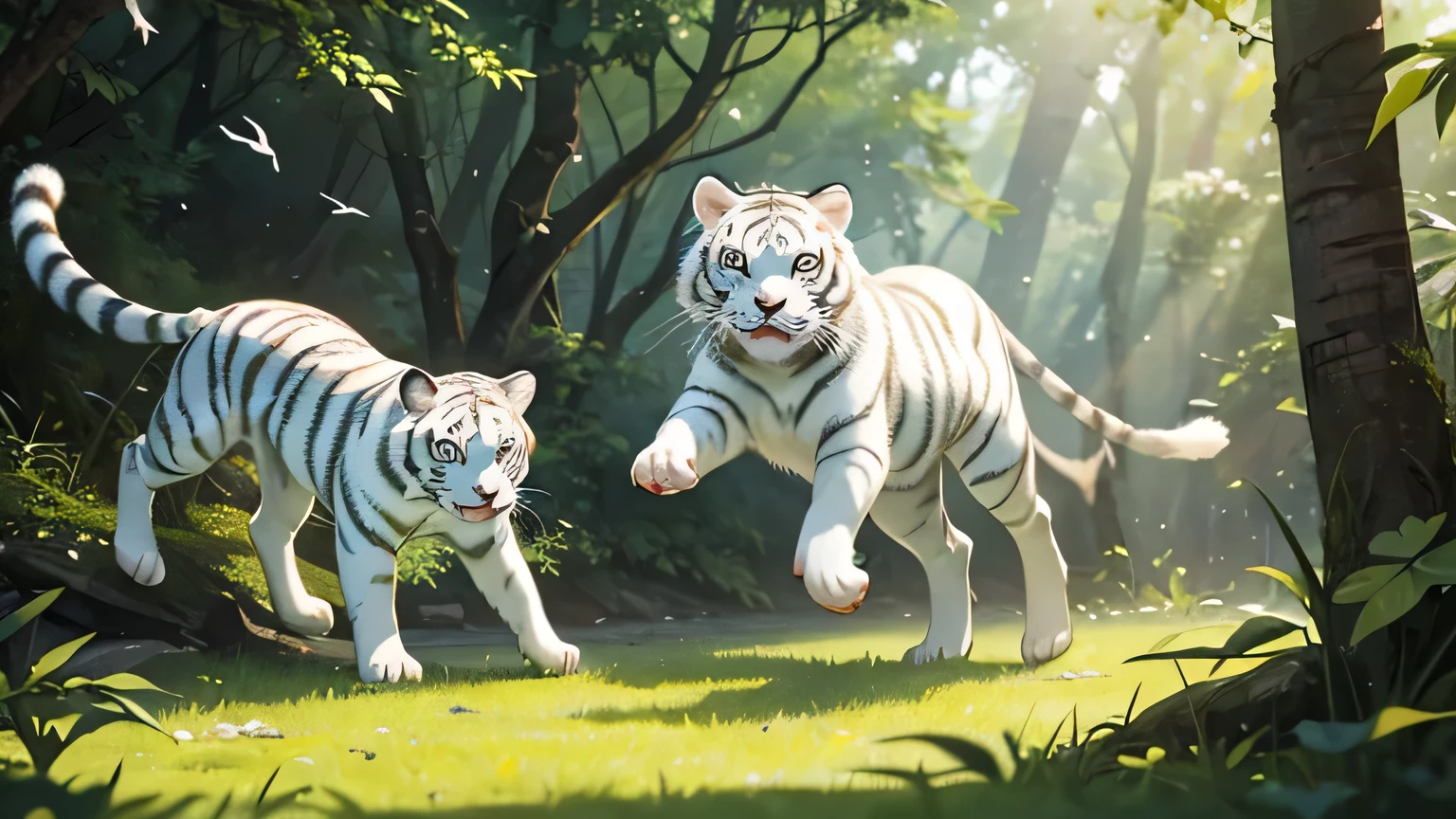 The picture shows a peaceful forest,Wooded,Sunlight shines through the leaves,Shining on the little white tiger and other animals。The bird is jumping happily on the branch,A squirrel looking for food on the ground。 | A white tiger cub is playing with a panda,They are playing on the grass,Enjoy the good time。 | The camera focuses on the eyes of the little white tiger,The eyes are full of curiosity and vitality,Showing its cuteness and innocence。