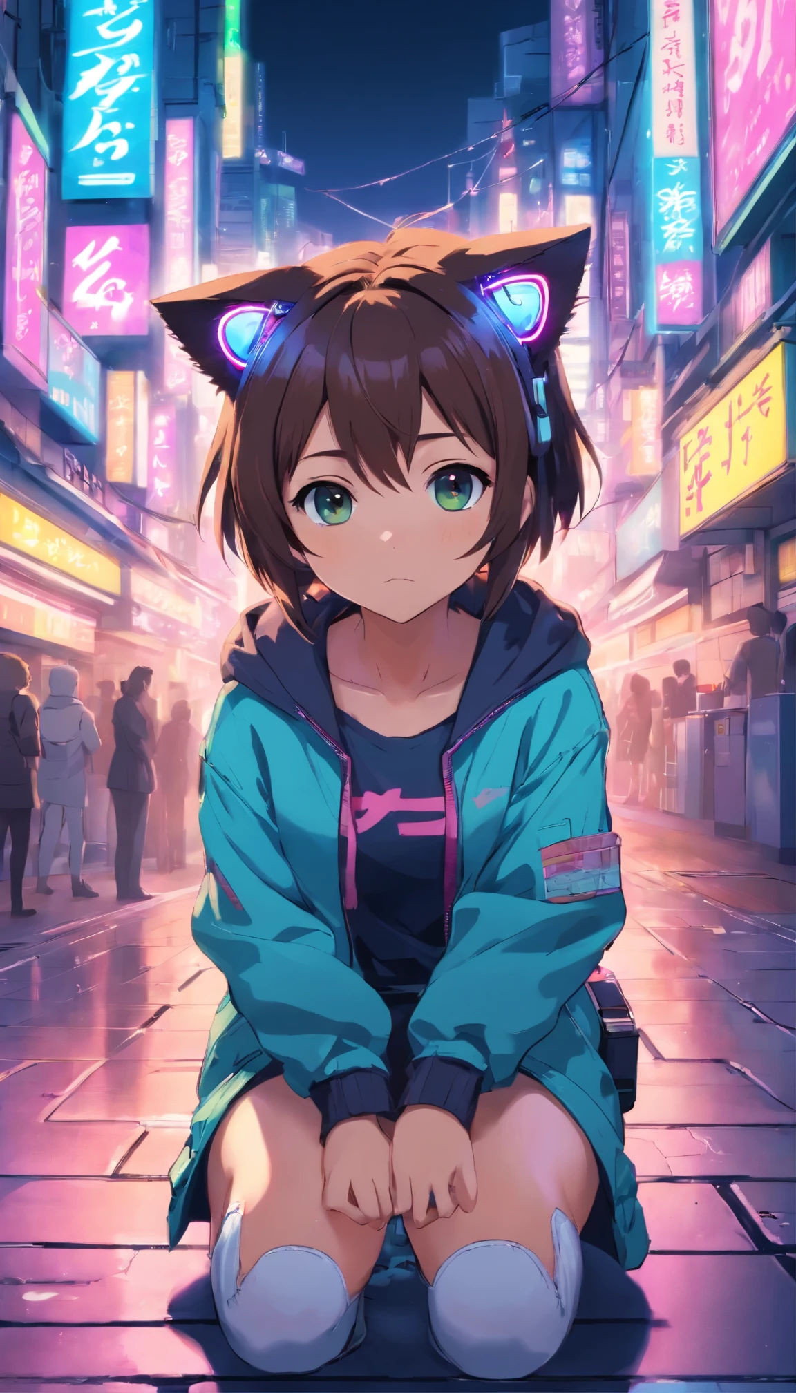 Masterpiece, Best quality, cat ears, Lots of detail, (full body:1.2), tchibi, Cyberpunk,3D rendering of, Q printmaking style,A trendy (cyberpunk style:1.3) ,Eating bubble gum,facing at the camera,Sit on the ground located in the lower left corner of the picture,Back against a wall,There are colorful marine world graffiti full on the walls