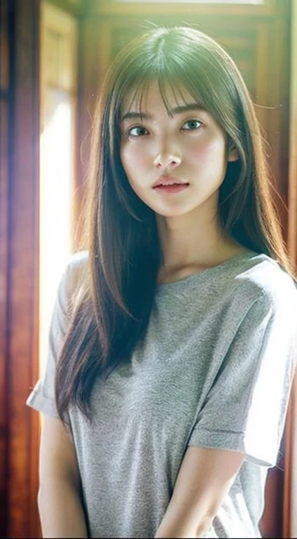 apparel, (photo actual:1.4), (hyper actual:1.4), (actual:1.3), (Smoother lighting:1.05), (Improve film lighting quality:0.9), 32k, 1 girl,20 year old girl, actual lighting, backlight, There is light on the face, Ray tracing, (bright light:1.2), (quality improvement:1.4), (The best quality real textured skin:1.4), delicate eyes, Meticulous face, good quality eyes, (Tired, sleepy and satisfied:0.0), Close-up of face, t-shirt, (Increase body line mood:1.1), (Increase the beauty of skin texture:1.1)