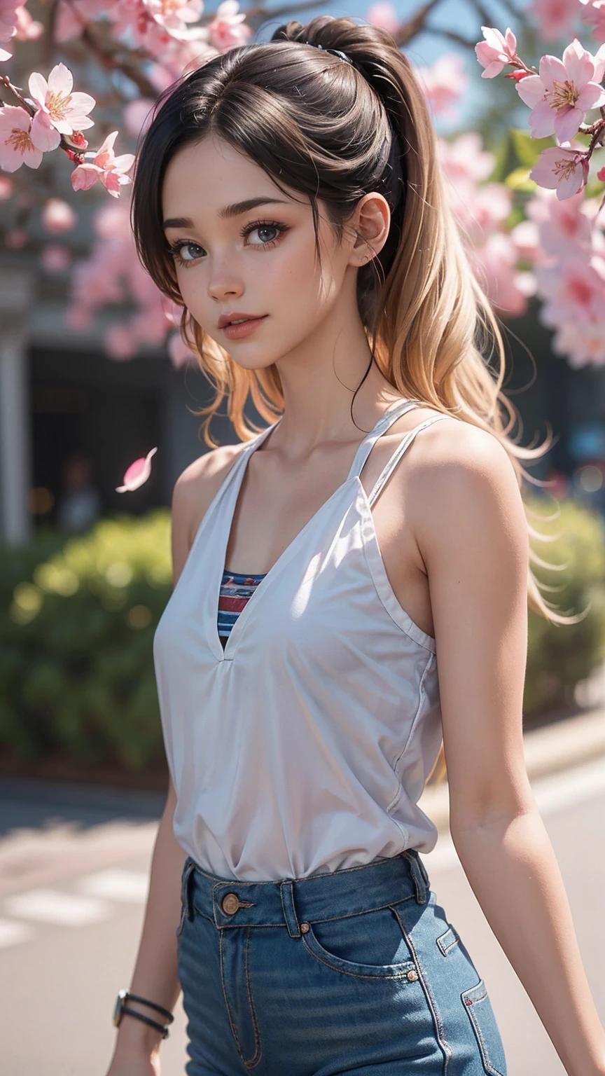 ((最high quality, 8K, masterpiece: 1.3, Ultra HD, high quality, 最high quality, High resolution, realism)) 、(high color saturation:1.0), (highly detailed skin), (最high quality:1.0), (超High resolution:1.0) ,(realistic:1.0), (Super detailed:1.0), (8K, Raw photo:1.1), slender、Slender, muscular body that's toned like an athlete's、I don't want my head to disappear from the screen.、Accessorize your wrist、Wearing red nail polish、I have a peticure、25 year old white woman、platinum blonde、long hair、hair is wavy、blue eyes、hair above one eye、smile、smile showing teeth((grin ))、Wear off-the-shoulder tops、Lower milk visible、Wear low-rise skinny jeans、At the lakeside、There is only nature around、Full bloom cherry blossoms、SakuraFubuki