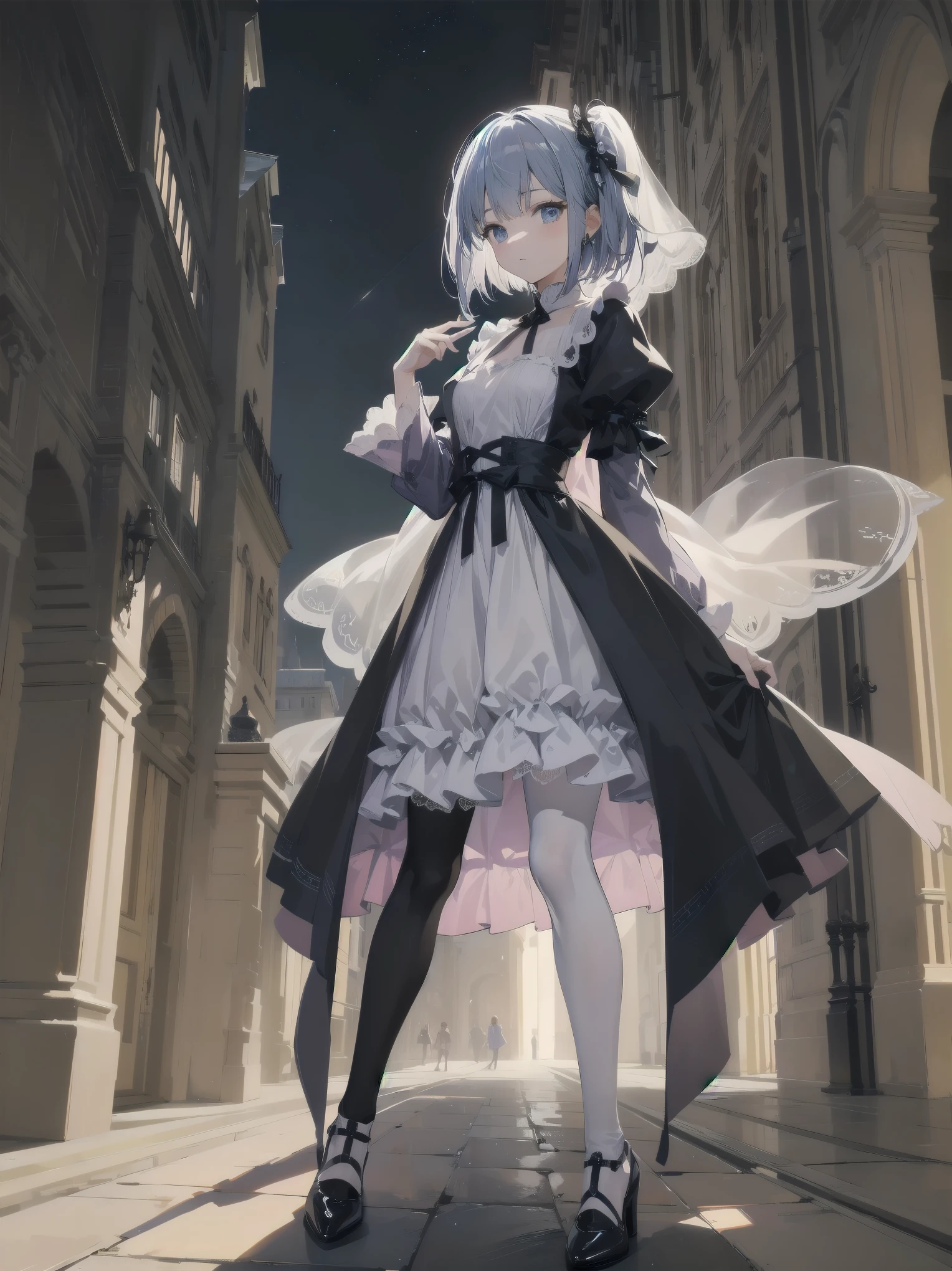  bride: wedding ring shining on ring finger Fusion of medieval European fashion Emphasis on elements of cuteness and adoration Posed illustration of the overwhelming cuteness of the character in the foreground Overwhelming architectural and cityscape background Ultra-detailed, rich, contemporary interpretation of medieval Europe and fantasy world Realistic textures, Professional artistic shading and light sources, scene-like cinematography and effects, depth of subject One beautiful girl, super cute, bob cut, side ponytail, perfect anatomy 
Colours: pastel, white, pale purple, blue, gingham check 
Materials: chiffon, lace, satin, velvet, etc. Silhouette: fluffy skirt, A-line, long length 
Decoration: frills, ribbons, lace, pearls, embroidery etc. Coordinates Romantic princess: pastel dress, lace blouse, fluffy skirt, ribbon hair accessory, black tights Add accessories and accessories to personalise.