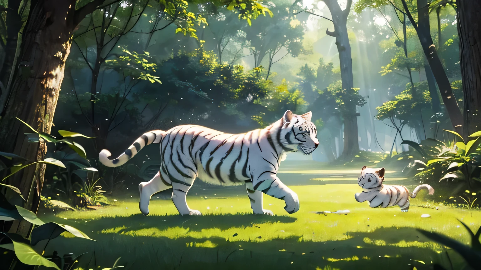 The picture shows a peaceful forest，Wooded，Sunlight shines through the leaves，Shining on the little white tiger and other animals。The bird is jumping happily on the branch，A squirrel looking for food on the ground。 | A white tiger cub is playing with a panda，They are playing on the grass，Enjoy the good time。 | The camera focuses on the eyes of the little white tiger，The eyes are full of curiosity and vitality，Showing its cuteness and innocence。
