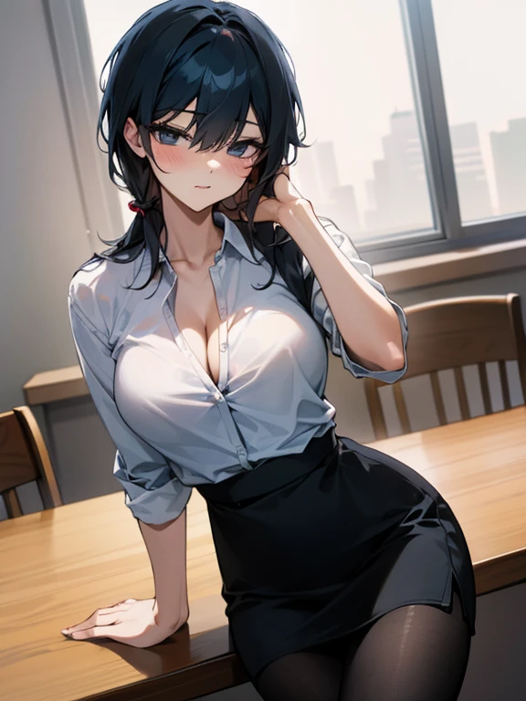 Ishimi, pantyhose, white shirt, cleavage, pencil skirt, office, cowboy shot, sitting, highly detailed, HD, 4K, Masterpiece, highres