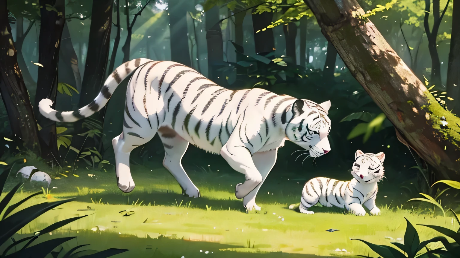 The picture shows a peaceful forest，Wooded，Sunlight shines through the leaves，Shining on the little white tiger and other animals。The bird is jumping happily on the branch，A squirrel looking for food on the ground。 | A white tiger cub is playing with a panda，They are playing on the grass，Enjoy the good time。 | The camera focuses on the eyes of the little white tiger，The eyes are full of curiosity and vitality，Showing its cuteness and innocence。
