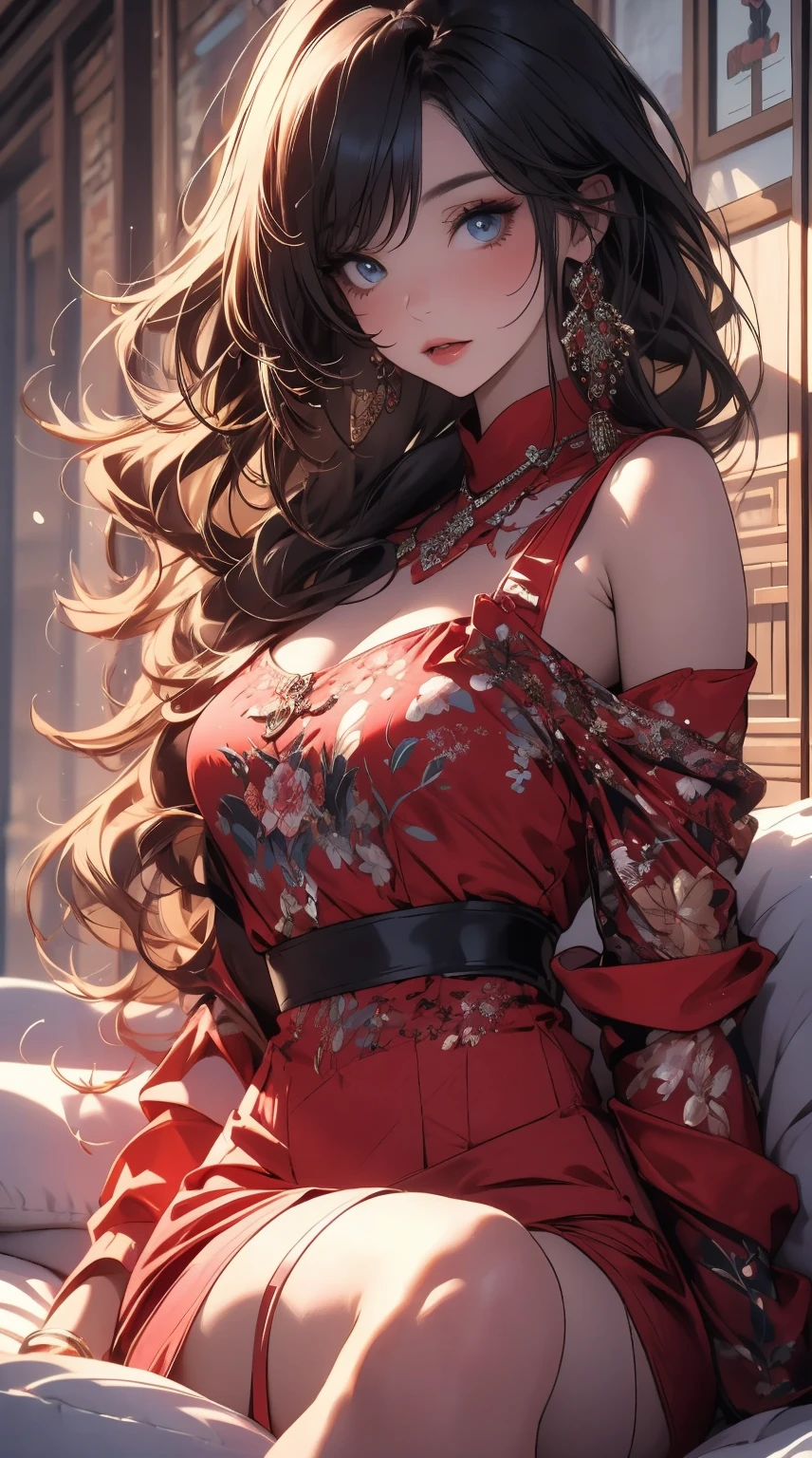masterpiece,8K,high quality,full body:1.7,Clean blue eyes,赤いopen your mouth,But thin clothes,Very calm and gentle look,Many sparkling pictures,,Silky white wet skin,open your mouth,biggest big breasts,Tight waist,A beautiful, very sparkly, bright pink outfit,A woman sitting on a bed wearing a bright pink shiny sheer Chinese dress,Sheer off-the-shoulder light pink thin lace Chinese princess tulle dress,anime picture, by ヤン・J, fantasy art,red bra, Cute 3D anime Chinese girl rendering, Art Germ and William Bouguereau,Long wavy shiny black-pink hair,Nightcore, Beautifully detailed body and face, beautiful avatar pictures, high quality detailed anime,Chinese Sexy Women,Wide-angle landscape photography:1.6,chinese luxury bedroom,