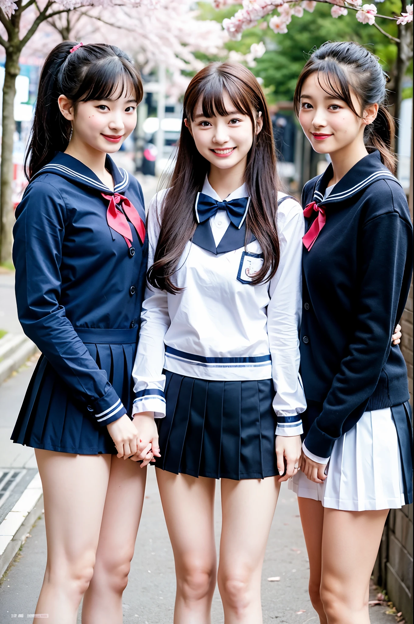 3 girls in cherry blossom street,navy blue long-sleeved sailor shirt with bow tie,navy blue pleated skirt,18-year-old,bangs,a little smile,thighs,knees,ponytail with barrette,from below,front light